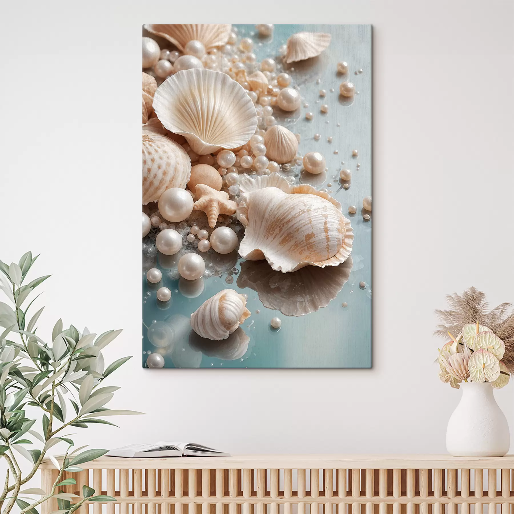 Fototapete Verschiedene Muscheln und Perlen auf hellblauem Hintergrund s38769