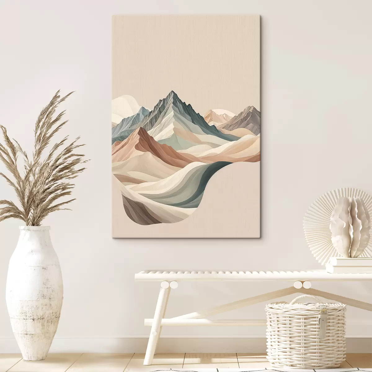 Wandbilder Minimalistische Berglandschaft mit felsigen Gipfeln und sanften Hügeln in Beige s38770