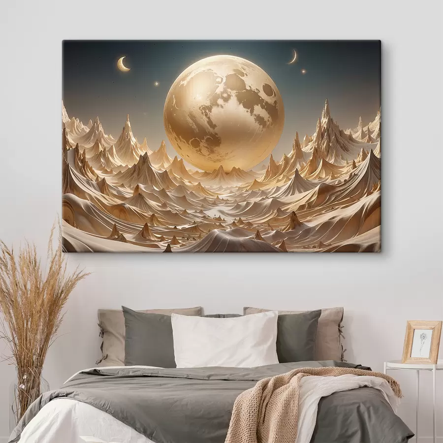 Wandbilder Glühender Vollmond über einer surrealen Berglandschaft mit Gipfeln s38775