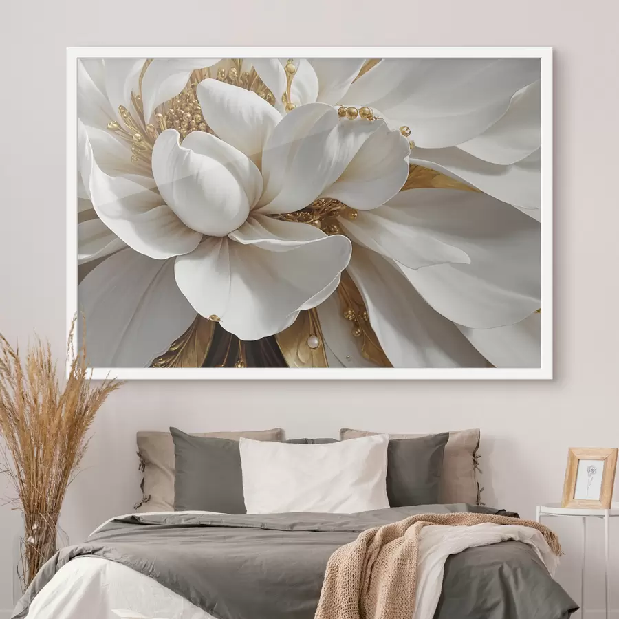Fototapete Eine Nahaufnahme einer großen weißen Blume mit zarten Blütenblättern und Staubgefäßen in der Mitte Minimalismus f38762