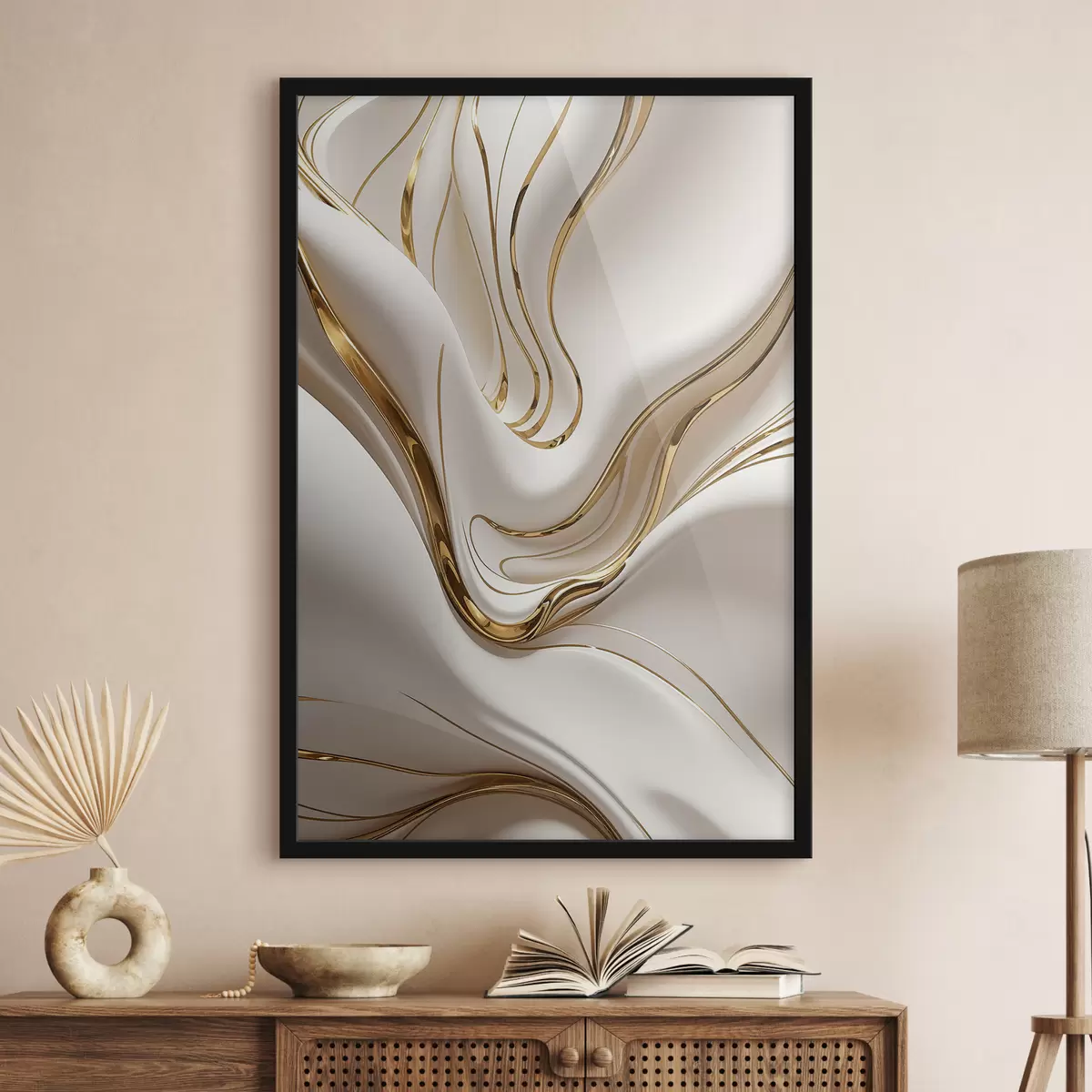 Poster Fließende und weiße abstrakte Formen, die an flüssiges oder geschmolzenes Metall erinnern, dynamische Komposition f38767