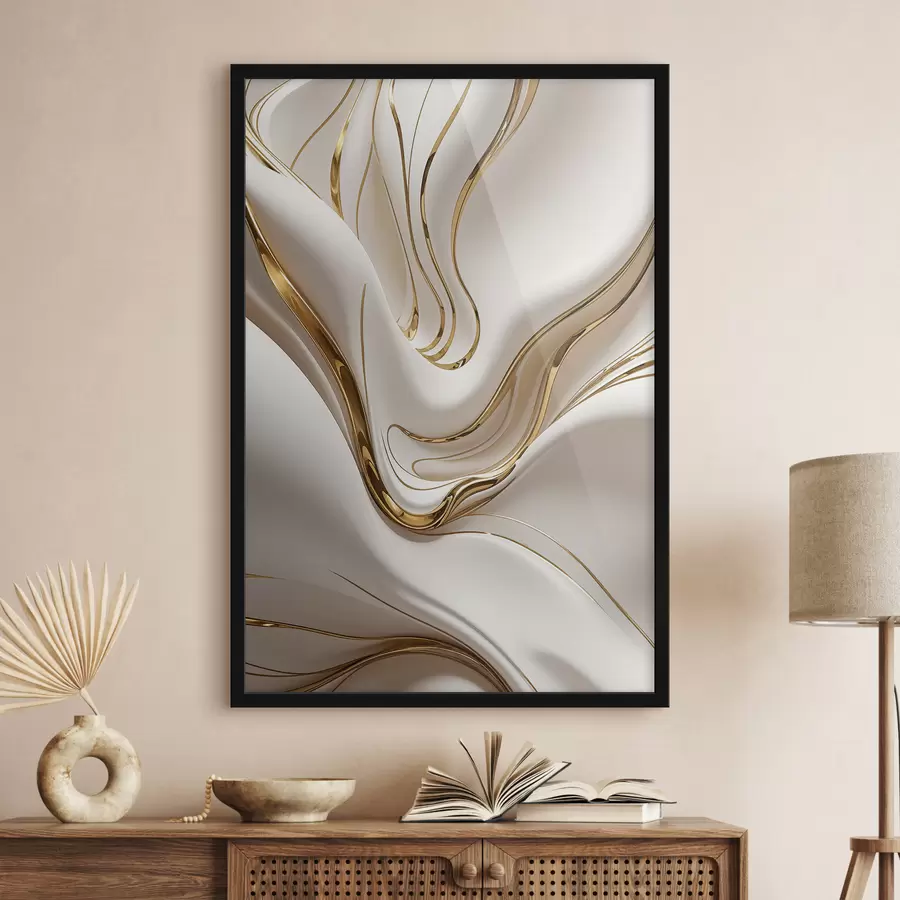 Fototapete Fließende und weiße abstrakte Formen, die an flüssiges oder geschmolzenes Metall erinnern, dynamische Komposition f38767