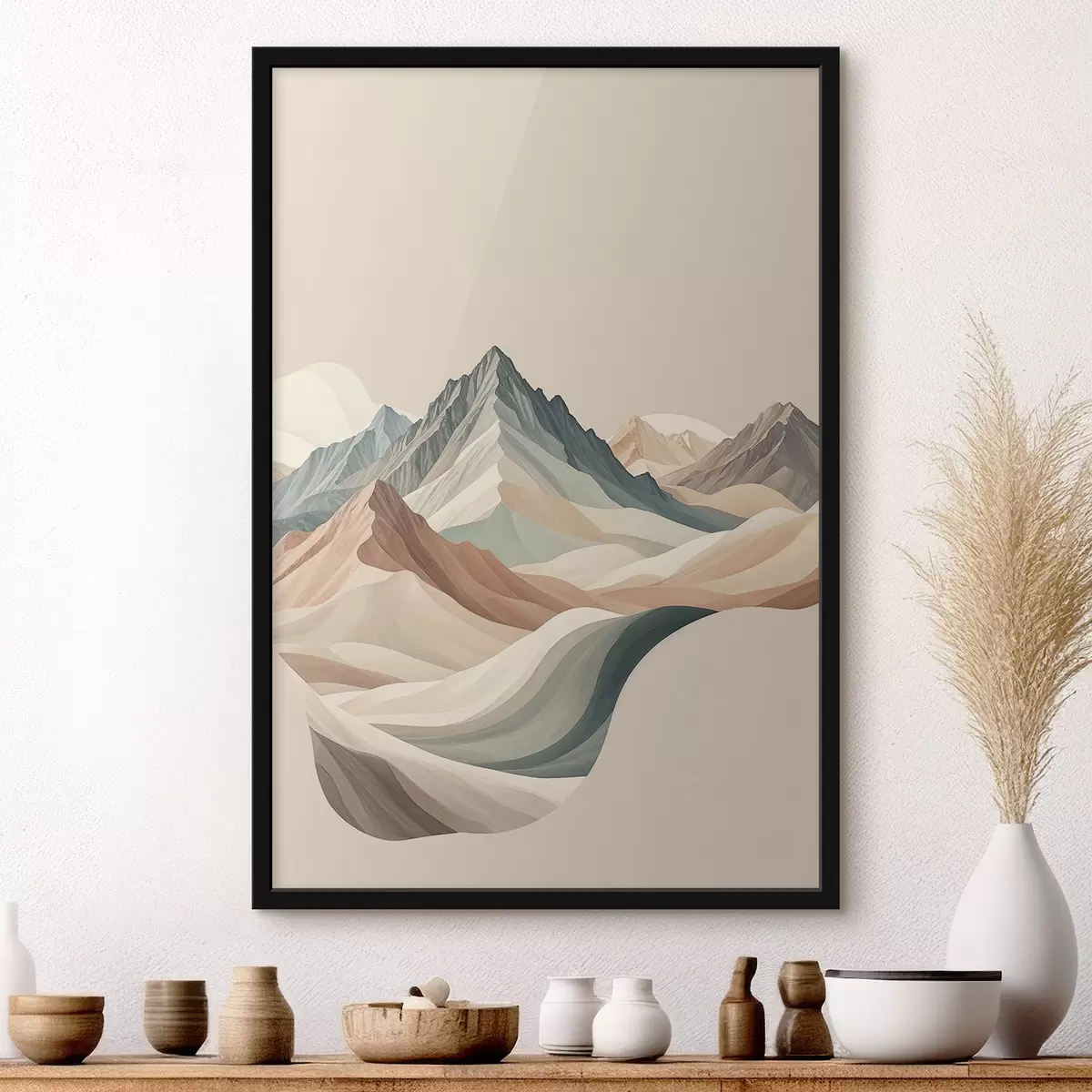 Poster Minimalistische Berglandschaft mit felsigen Gipfeln und sanften Hügeln in Beige f38770