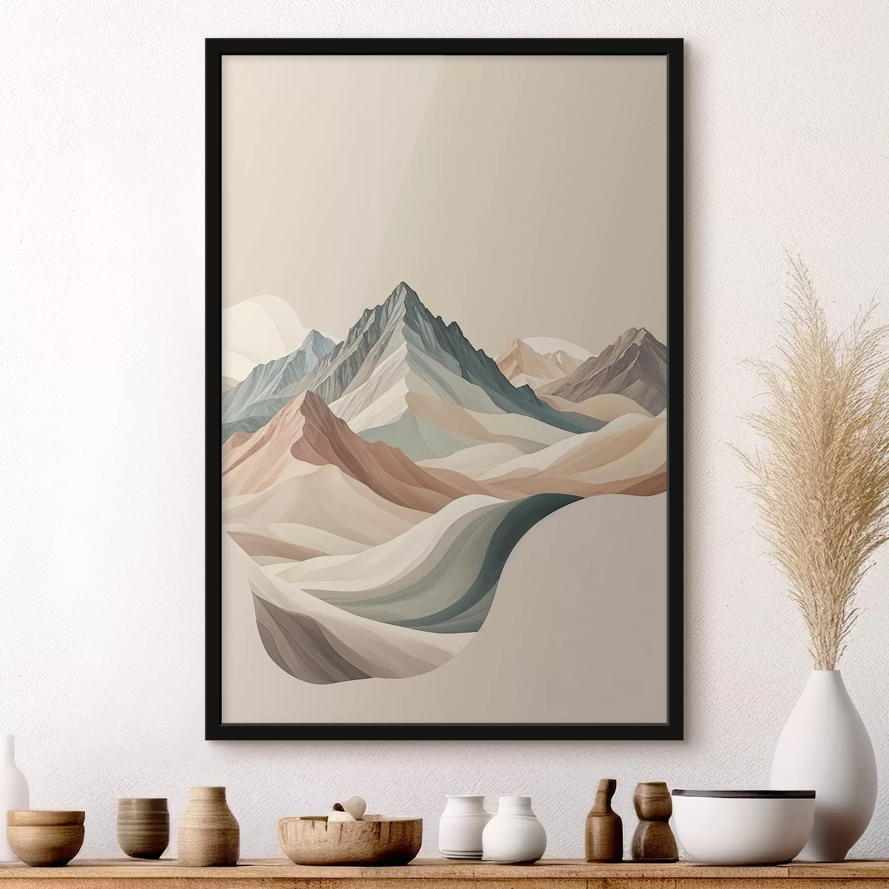 Wandbilder Minimalistische Berglandschaft mit felsigen Gipfeln und sanften Hügeln in Beige f38770