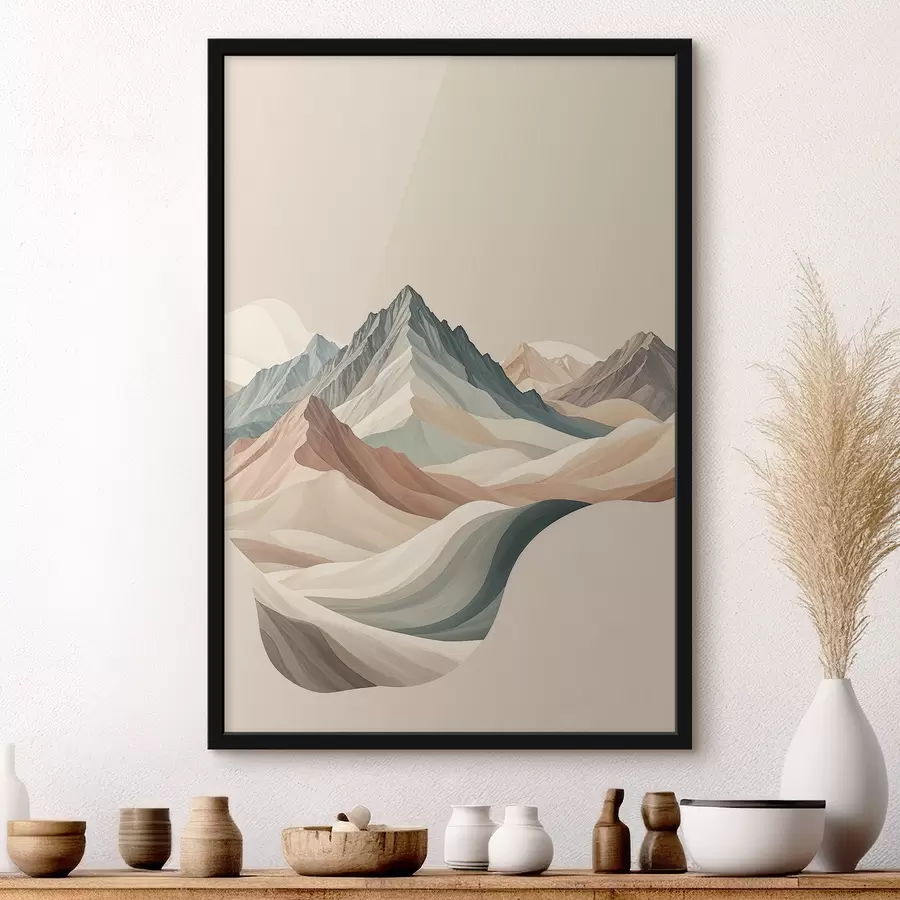Fototapete Minimalistische Berglandschaft mit felsigen Gipfeln und sanften Hügeln in Beige f38770