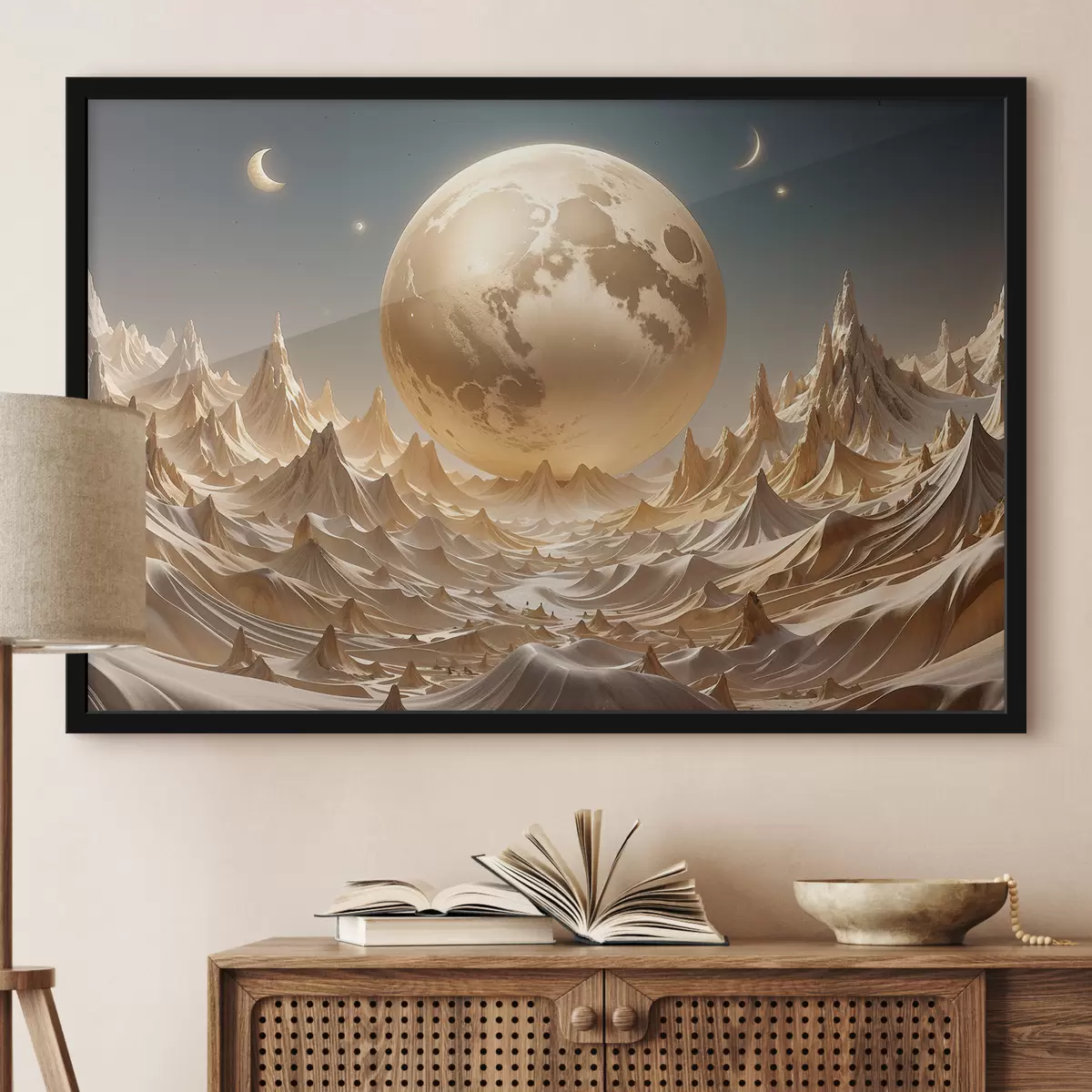Poster Glühender Vollmond über einer surrealen Berglandschaft mit Gipfeln f38775