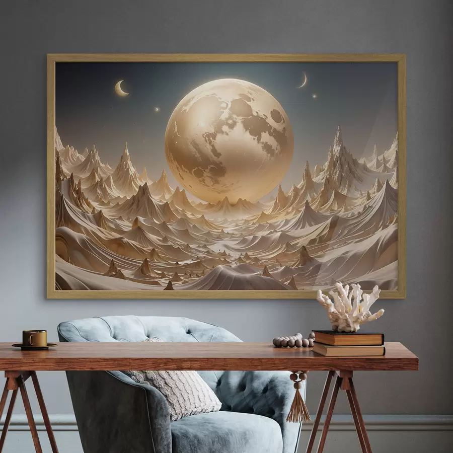 Fototapete Glühender Vollmond über einer surrealen Berglandschaft mit Gipfeln f38775