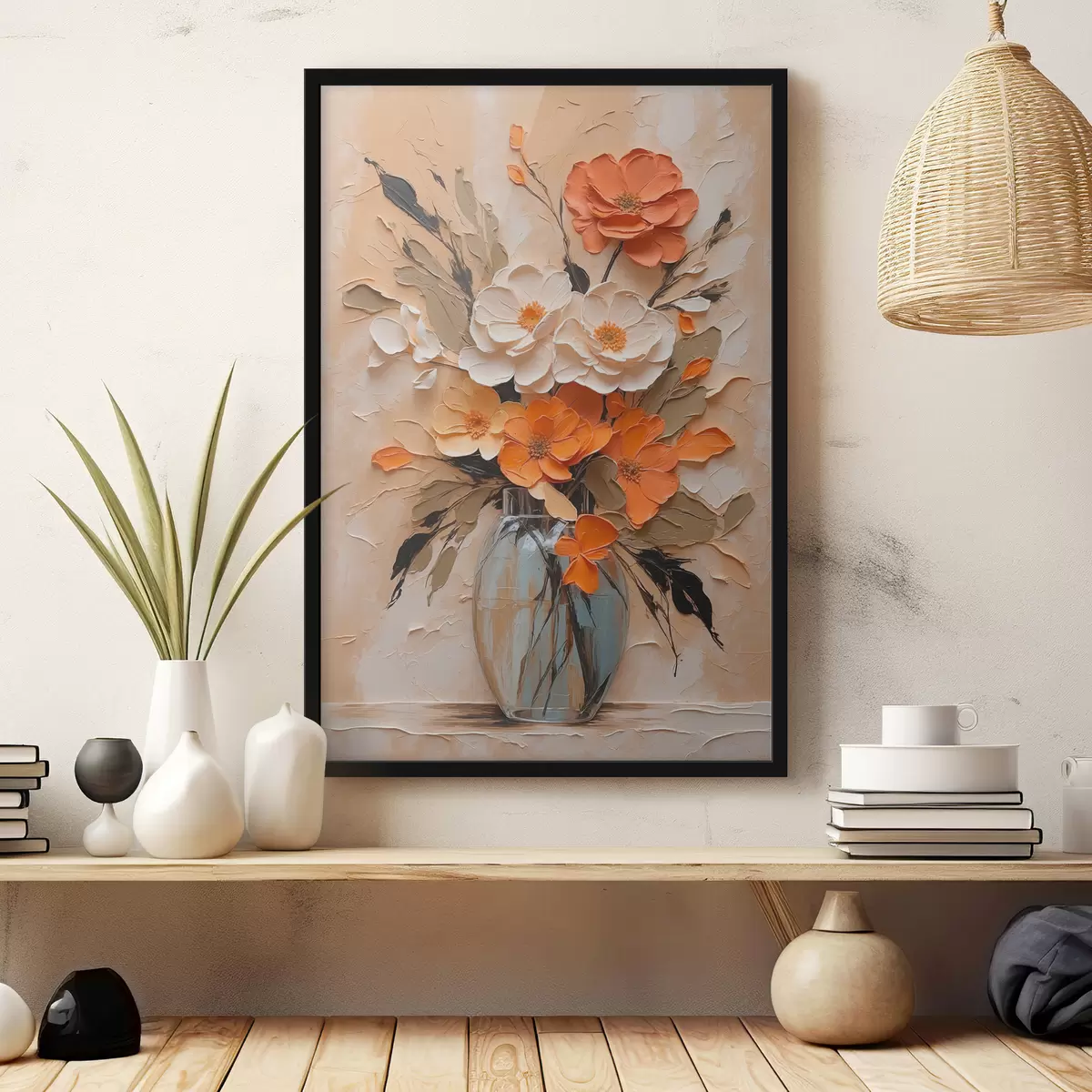 Poster Blumen in Vase in Öl auf beigem Hintergrund f38673
