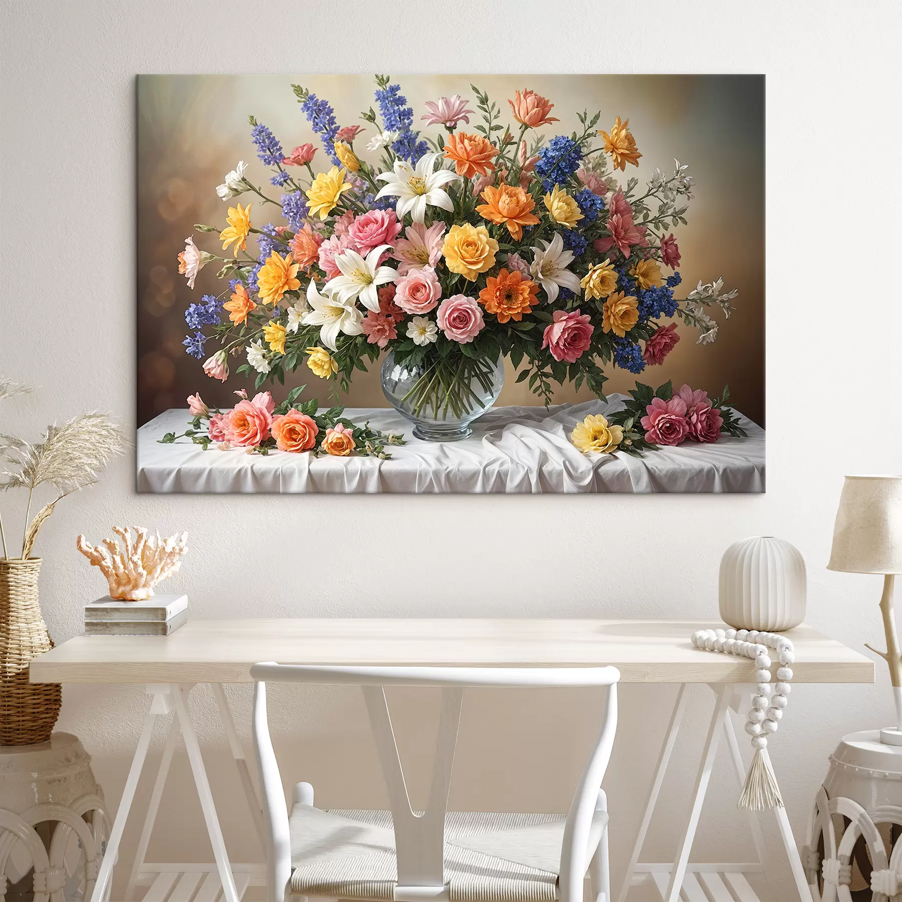 Fototapete Ein lebendiger Strauß verschiedener bunter Blumen in einer Glasvase auf einer weißen Tischdecke, Kunst, Malerei, Vintage s38825
