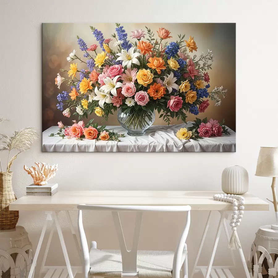 Fototapete Ein lebendiger Strauß verschiedener bunter Blumen in einer Glasvase auf einer weißen Tischdecke, Kunst, Malerei, Vintage s38825