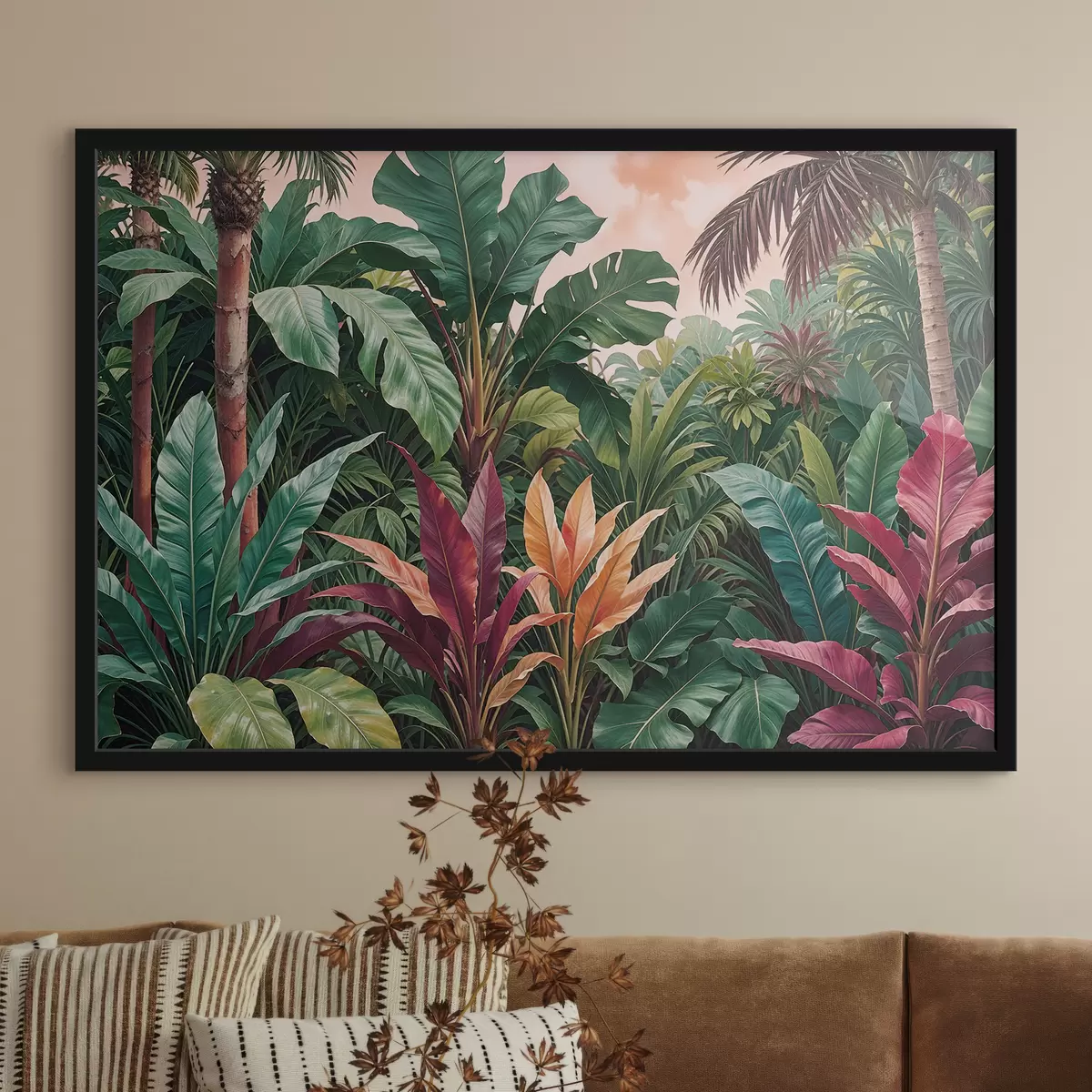 Poster Ein üppiger, tropischer Dschungel mit leuchtend grünen Blättern, Palmwedeln und bunten Blumen f38817