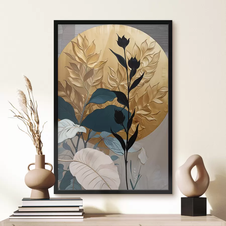 Fototapete Abstrakte florale Komposition mit großen Blättern und dunklen Silhouetten f38822