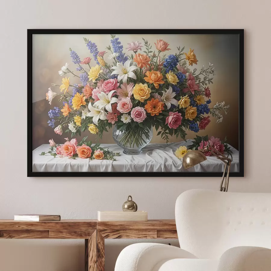 Fototapete Ein lebendiger Strauß verschiedener bunter Blumen in einer Glasvase auf einer weißen Tischdecke, Kunst, Malerei, Vintage f38825