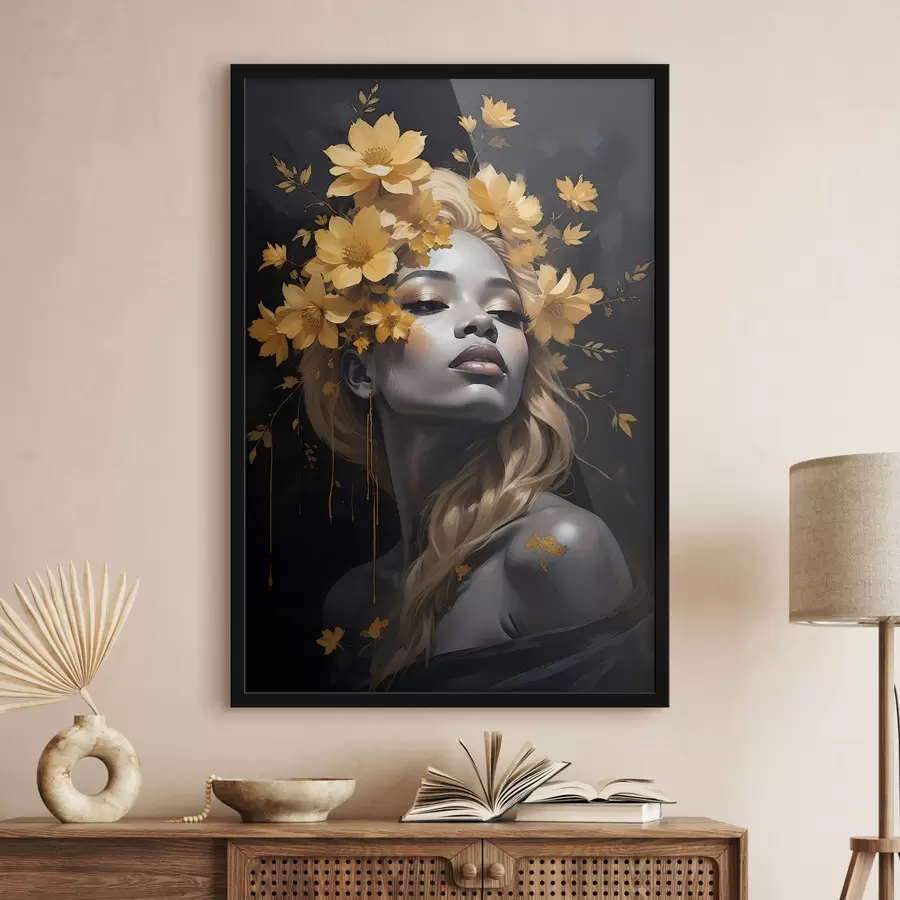 Fototapete Ein Porträt einer jungen Frau, umgeben von gelb Herbstblättern vor einem dunklen Hintergrund f38834