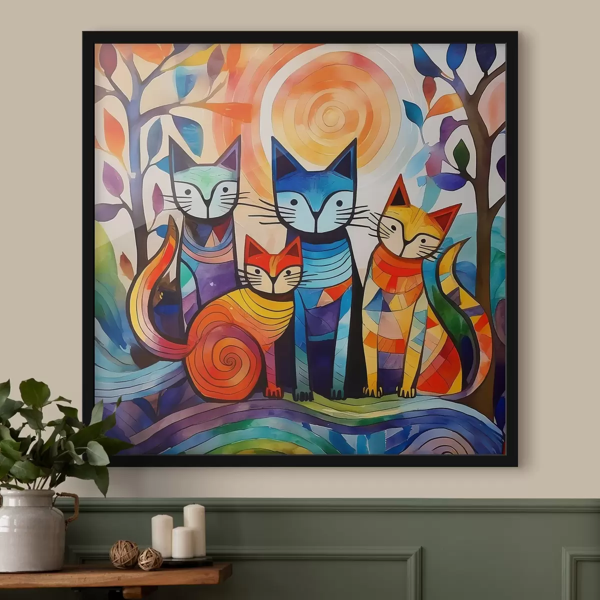 Poster Mehrfarbige Abstraktion mit interessanten Katzen f38815