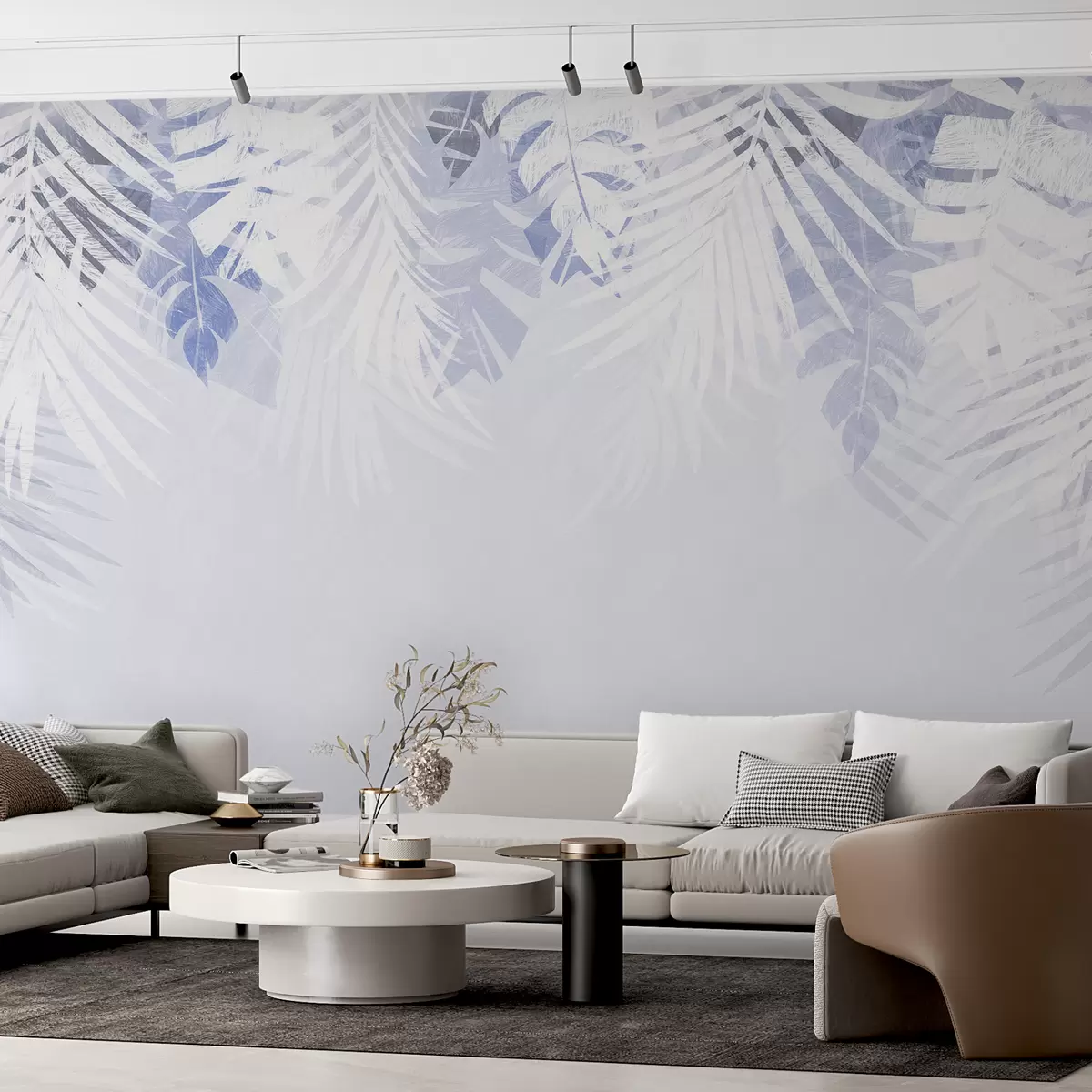 Fototapete Tropisches Laub und Zweige, weiße und blaue Farbe w00793v1
