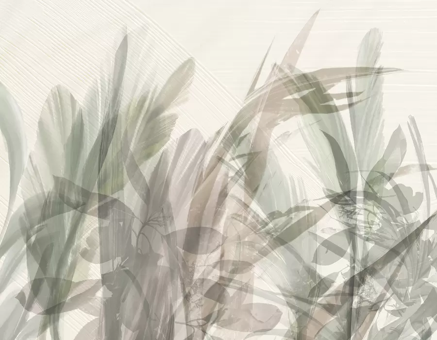 Fototapete Abstrakte Mehrfachkomposition aus verschwommenen, grasähnlichen tropischen Blattformen in Hellgrün- und Grautönen w00798