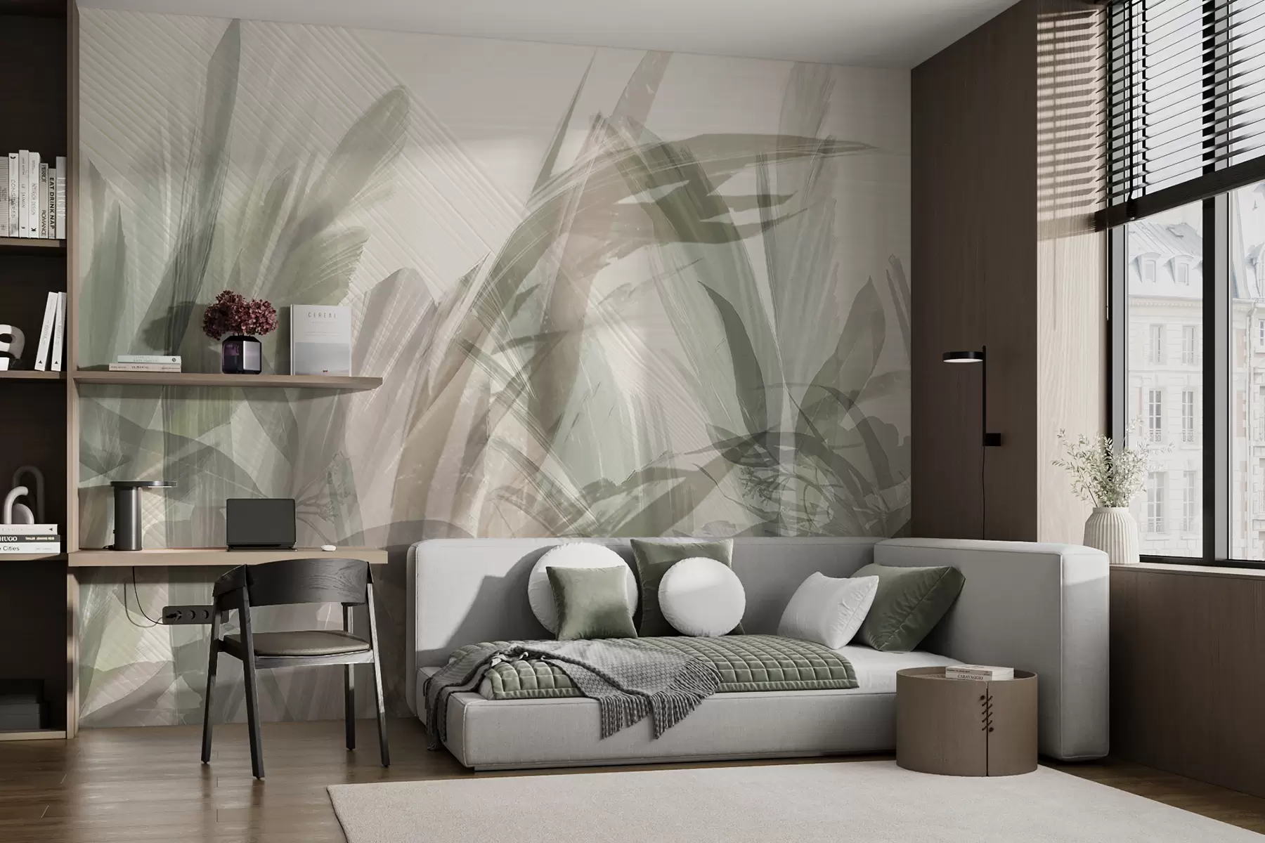 Fototapete Abstrakte Mehrfachkomposition aus verschwommenen, grasähnlichen tropischen Blattformen in Hellgrün- und Grautönen w00798