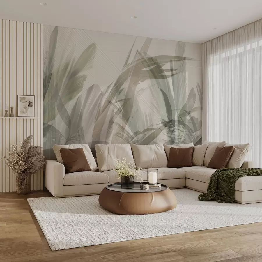 Fototapete Abstrakte Mehrfachkomposition aus verschwommenen, grasähnlichen tropischen Blattformen in Hellgrün- und Grautönen w00798