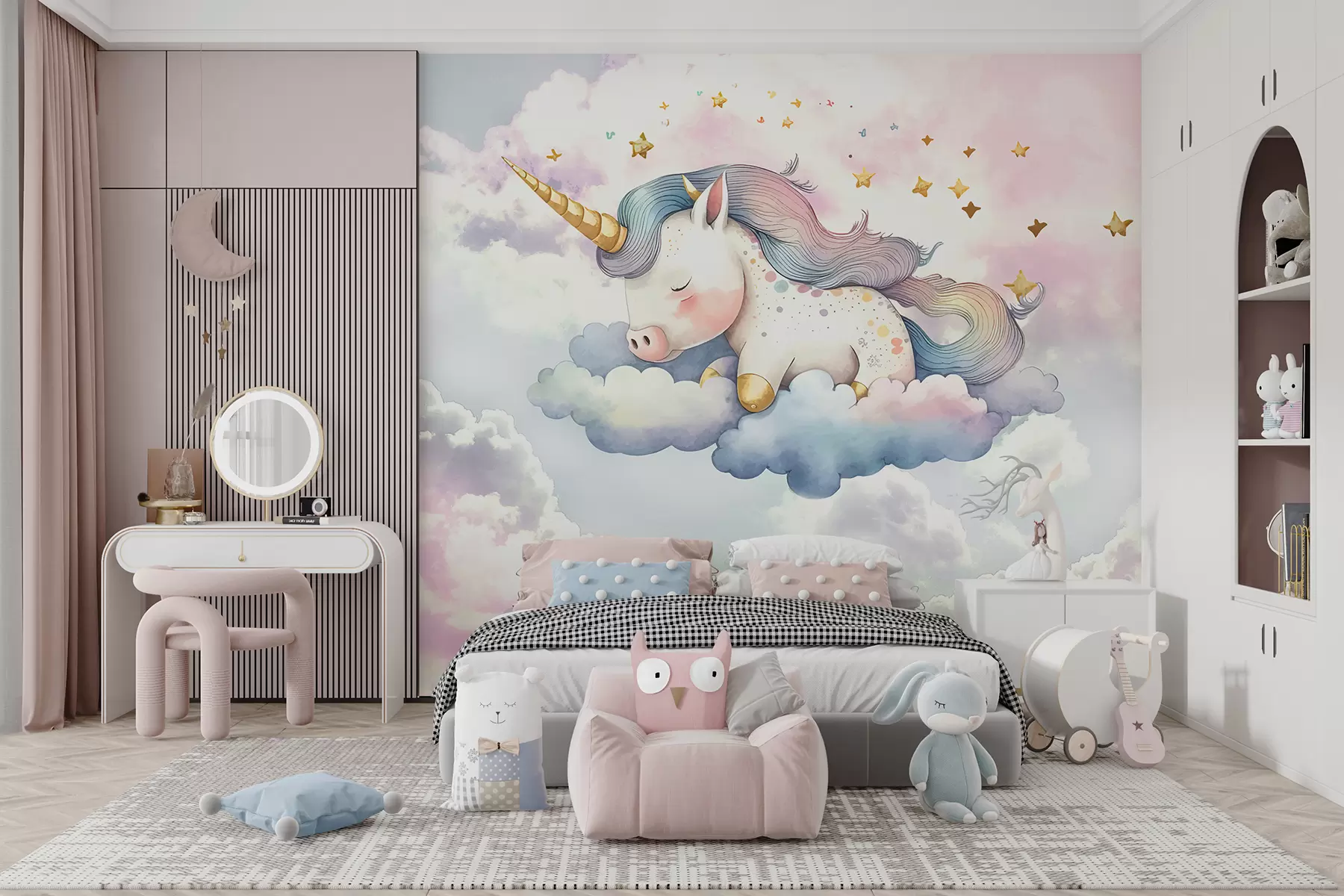 Fototapete Ein weißes Einhorn mit regenbogenfarbener Mähne und Schweif ruht auf einer Wolke in einem pastellfarbenen Himmel mit Sternen w00799