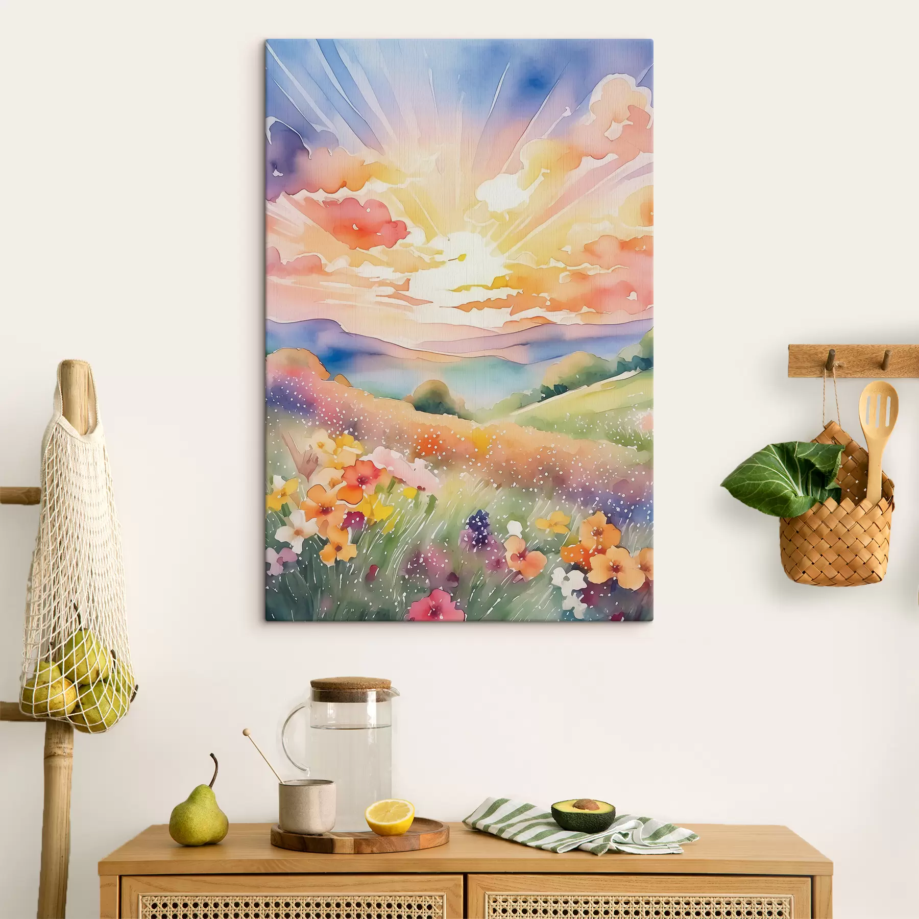 Wandbilder Sonnenuntergang im Sommerfeld, Blumen, Sonne, bunter Himmel, Wolken, Natur s38842