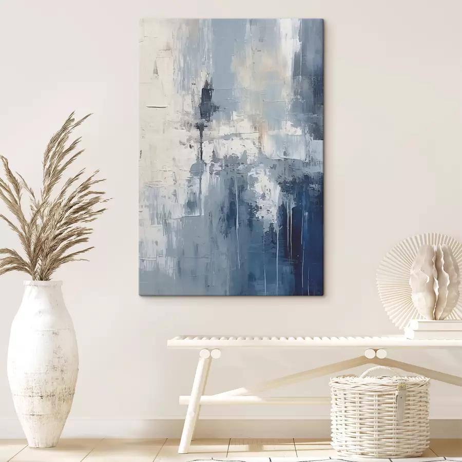 Wandbilder Abstraktes minimalistisches Ölgemälde, gerieben, geometrisch, Flecken, blaue und weiße Farbe s38906