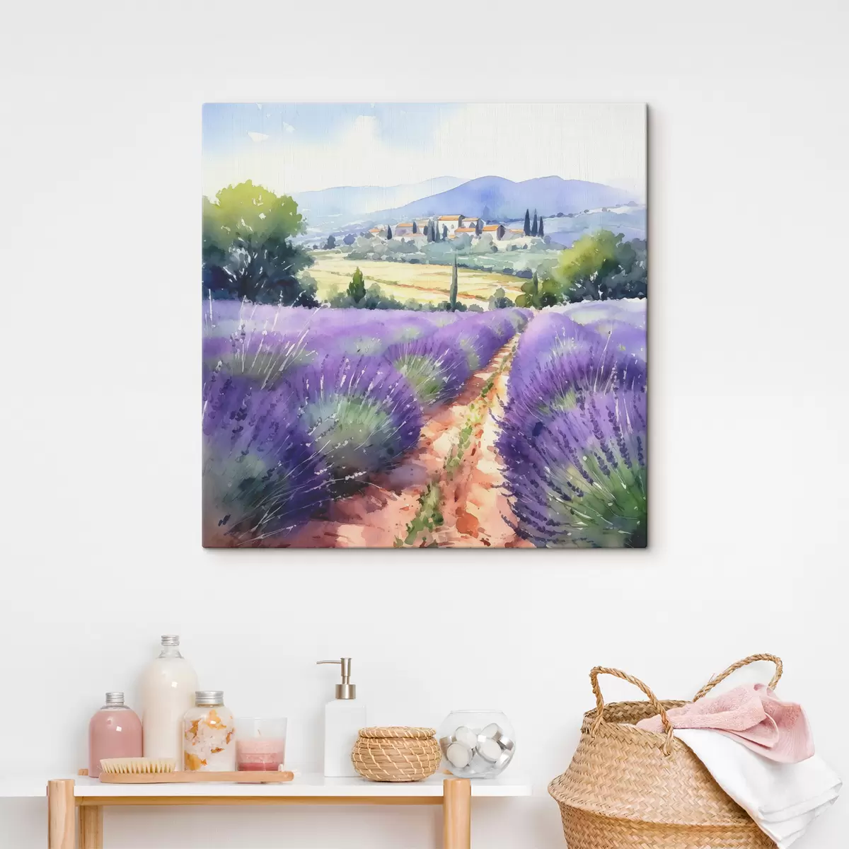 Wandbilder Aquarell Lavendelfeld auf einem Hintergrund von Bergen und Landschaft s38913