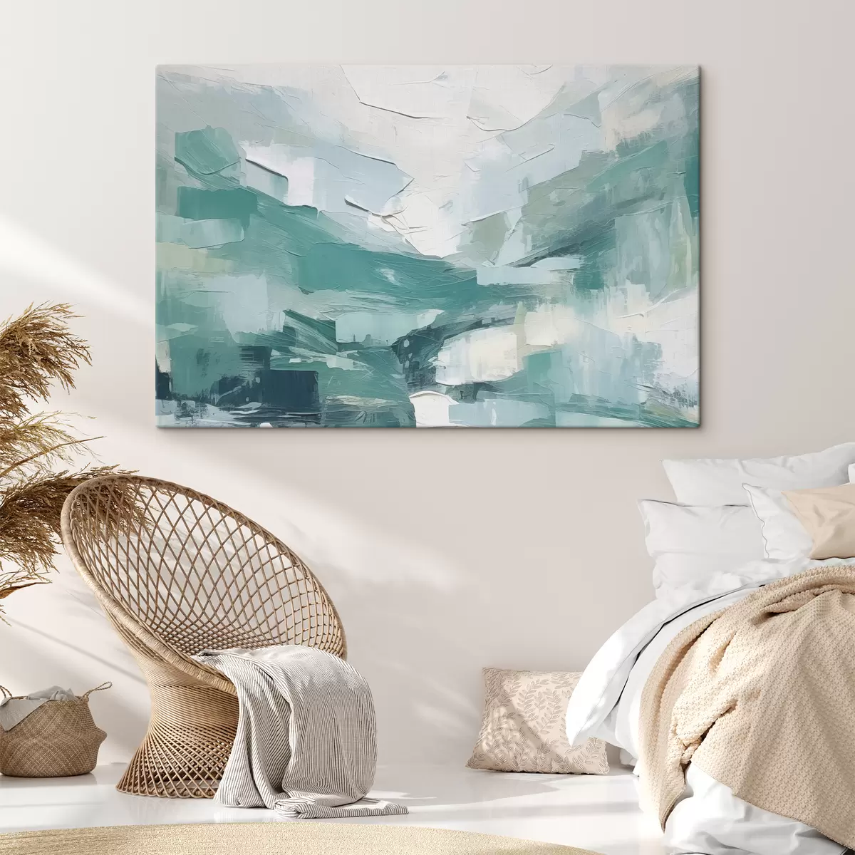 Wandbilder Abstraktion aus großen blauen und weißen Strichen, Nachahmung der Ölmalerei, Minimalismus s38915