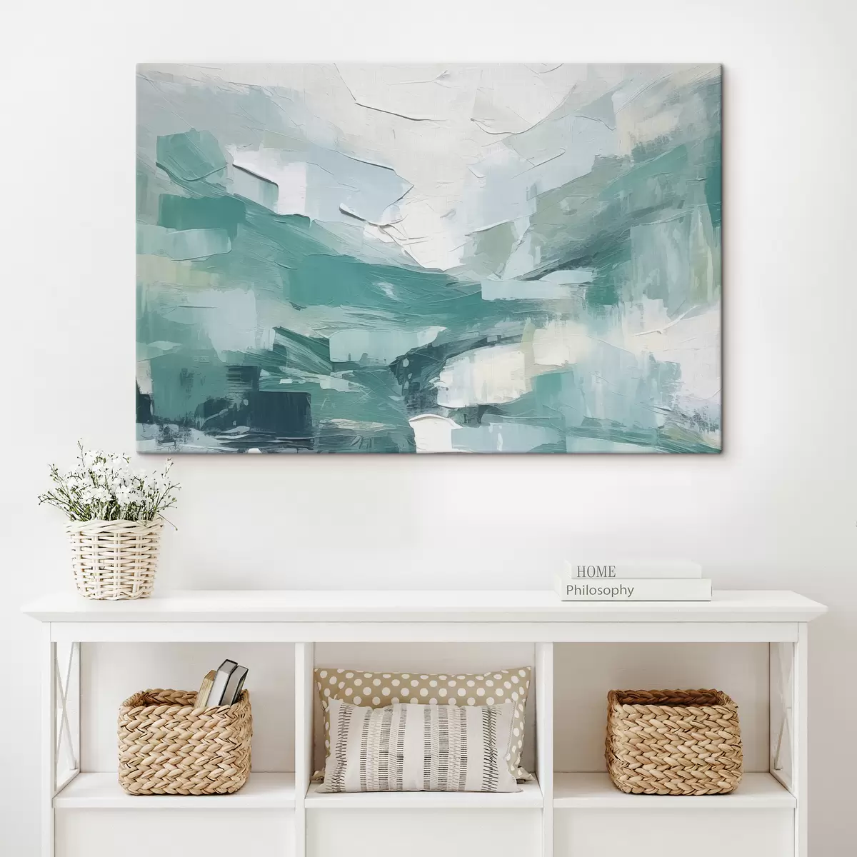 Wandbilder Abstraktion aus großen blauen und weißen Strichen, Nachahmung der Ölmalerei, Minimalismus s38915