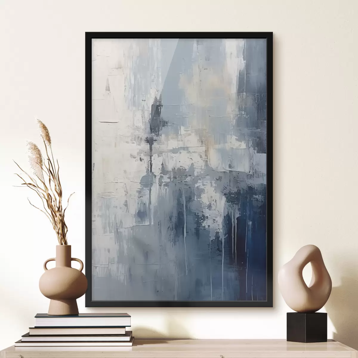 Poster Abstraktes minimalistisches Ölgemälde, gerieben, geometrisch, Flecken, blaue und weiße Farbe f38906