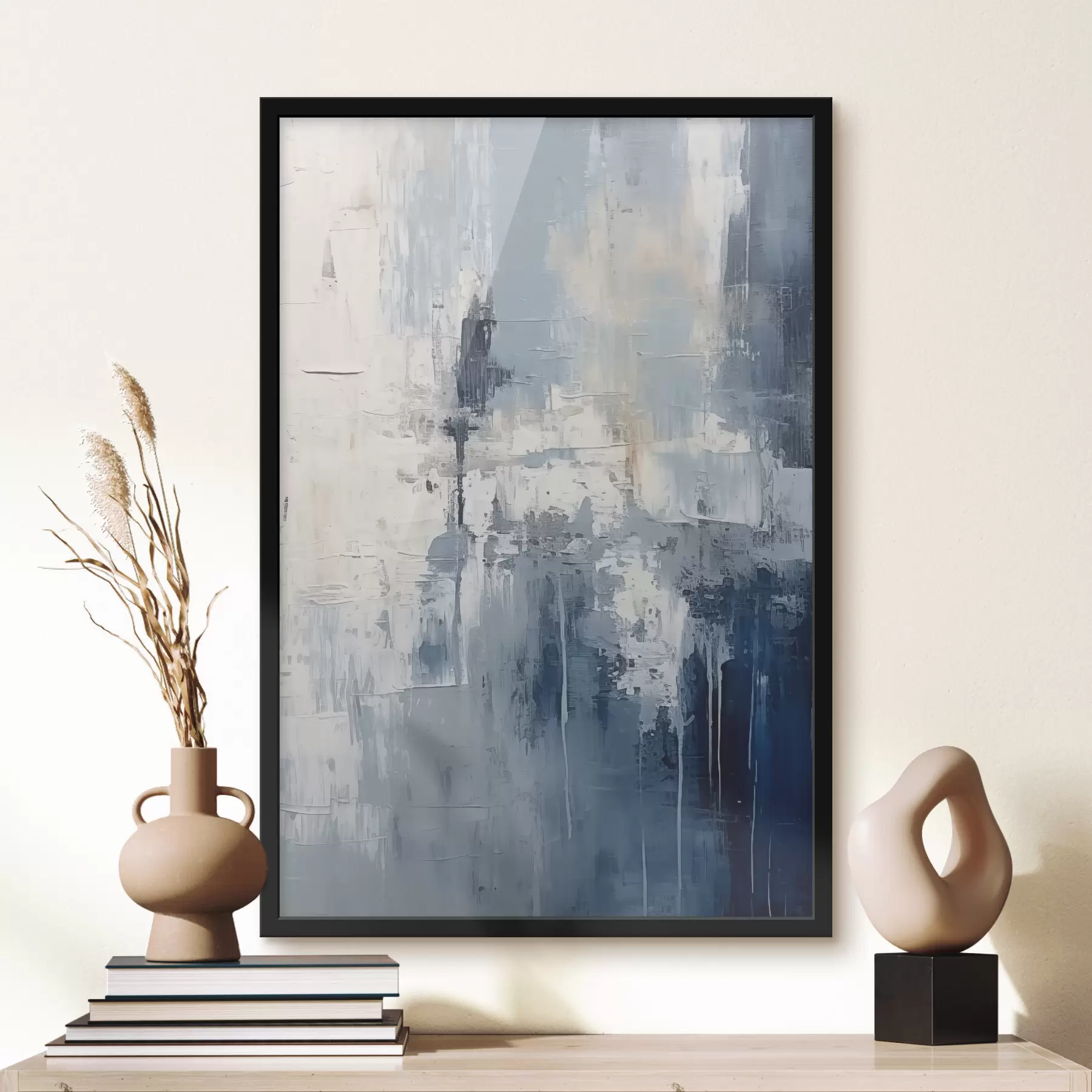 Wandbilder Abstraktes minimalistisches Ölgemälde, gerieben, geometrisch, Flecken, blaue und weiße Farbe f38906