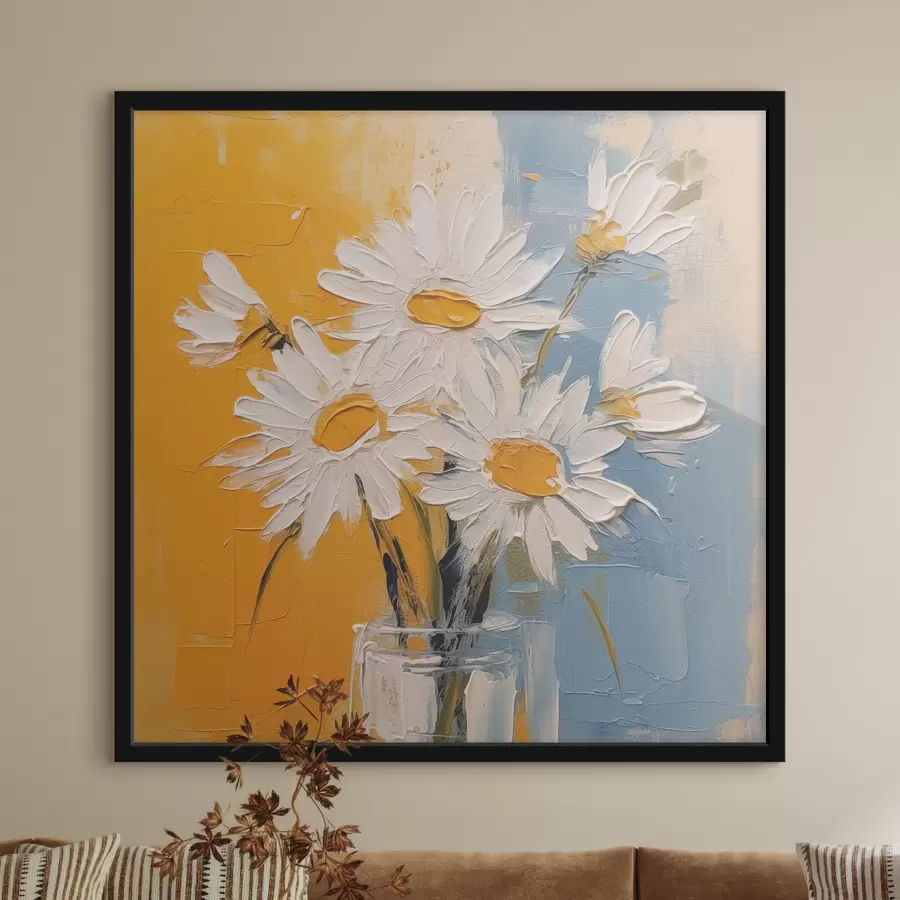 Wandbilder Weiße Gänseblümchen in einer Glasvase auf blauem und gelbem Hintergrund, Imitation eines Ölgemäldes, große Striche f38907