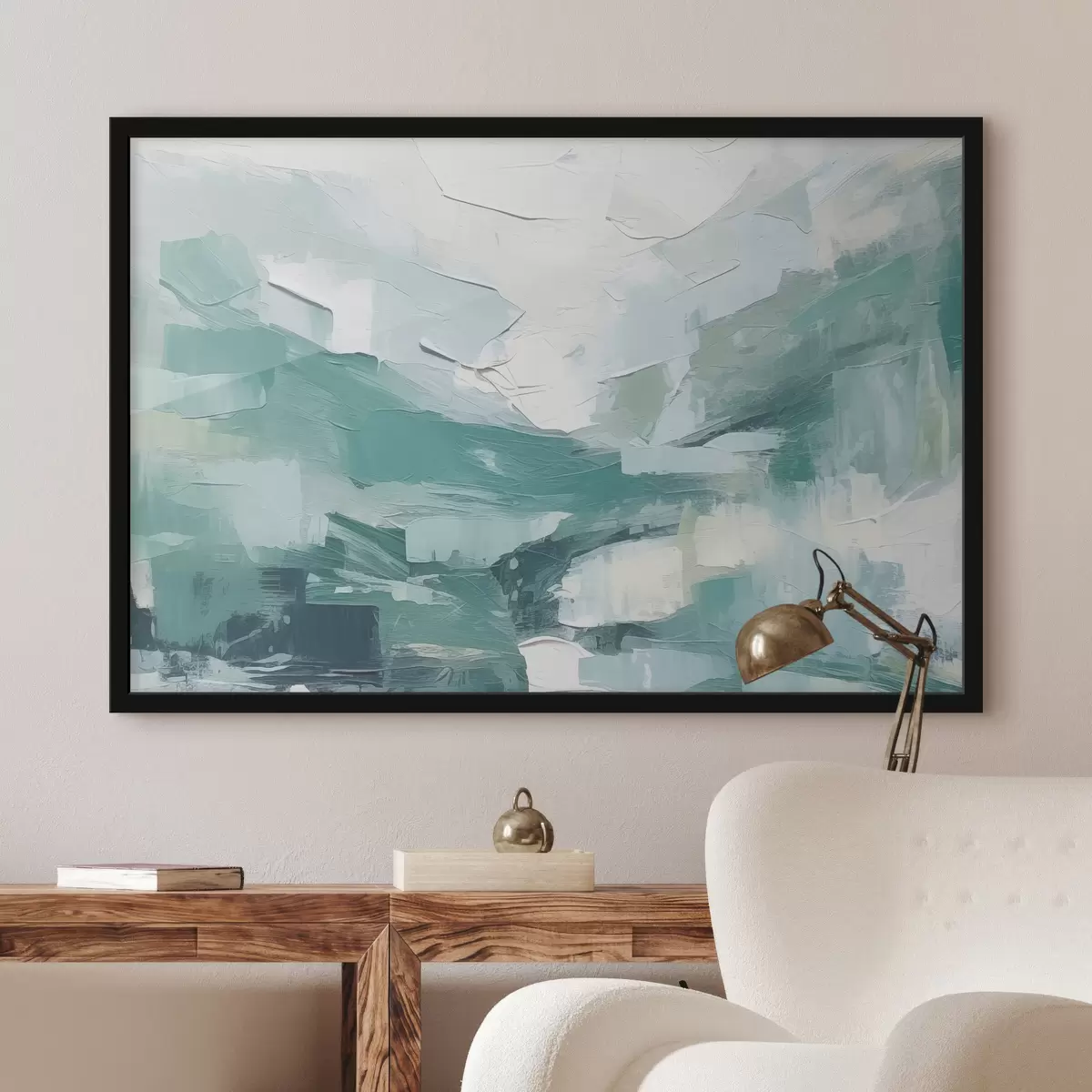 Poster Abstraktion aus großen blauen und weißen Strichen, Nachahmung der Ölmalerei, Minimalismus f38915