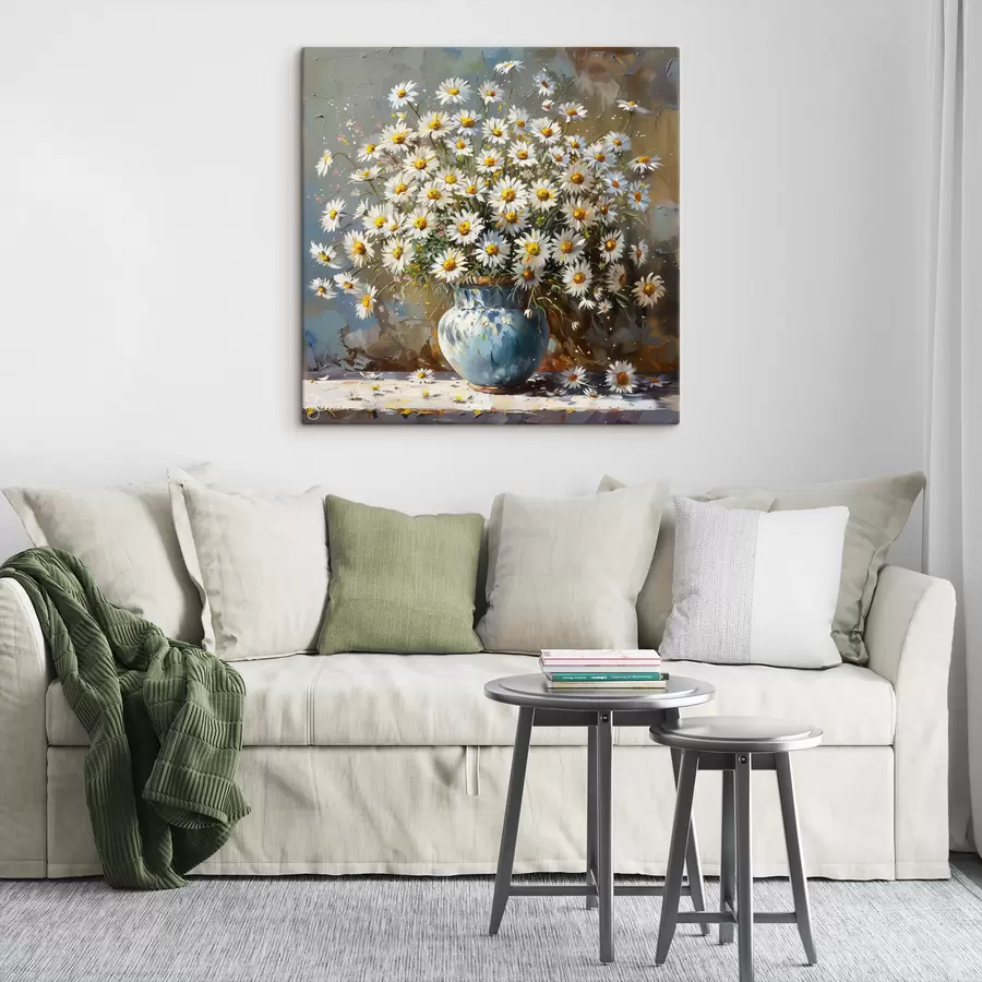 Wandbilder Vase mit Gänseblümchen auf dem Tisch s38707