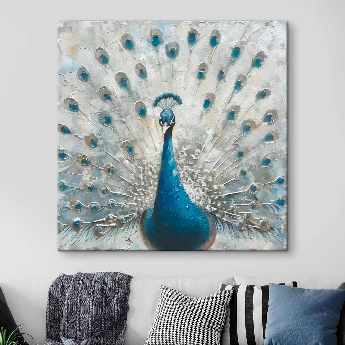 Wandbilder Blauer Pfau mit Federn bedruckter Textur s38931