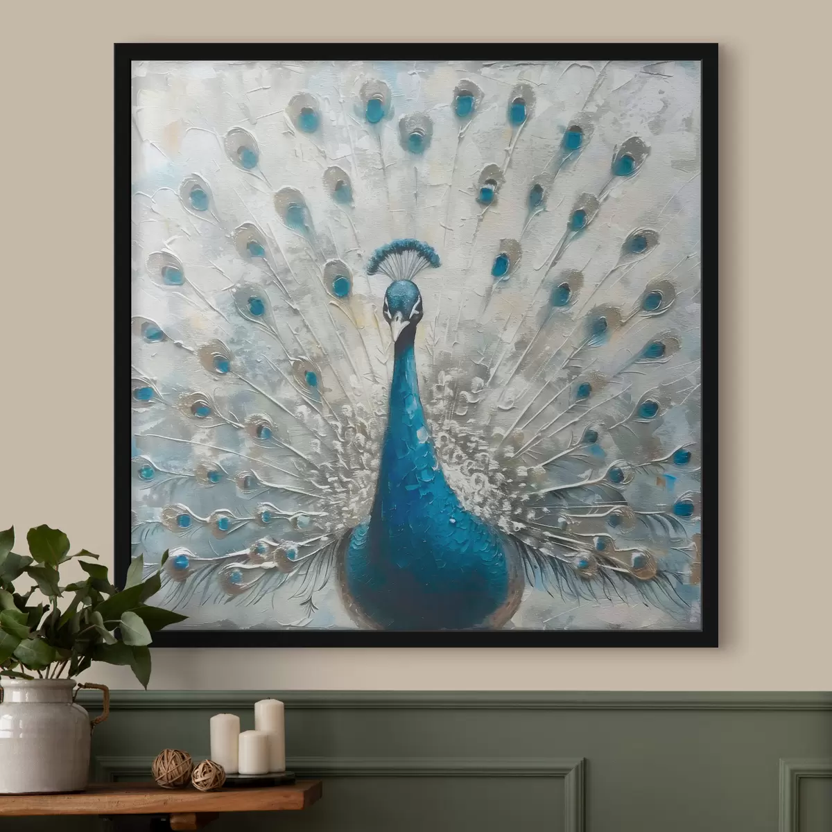 Poster Blauer Pfau mit Federn bedruckter Textur f38931