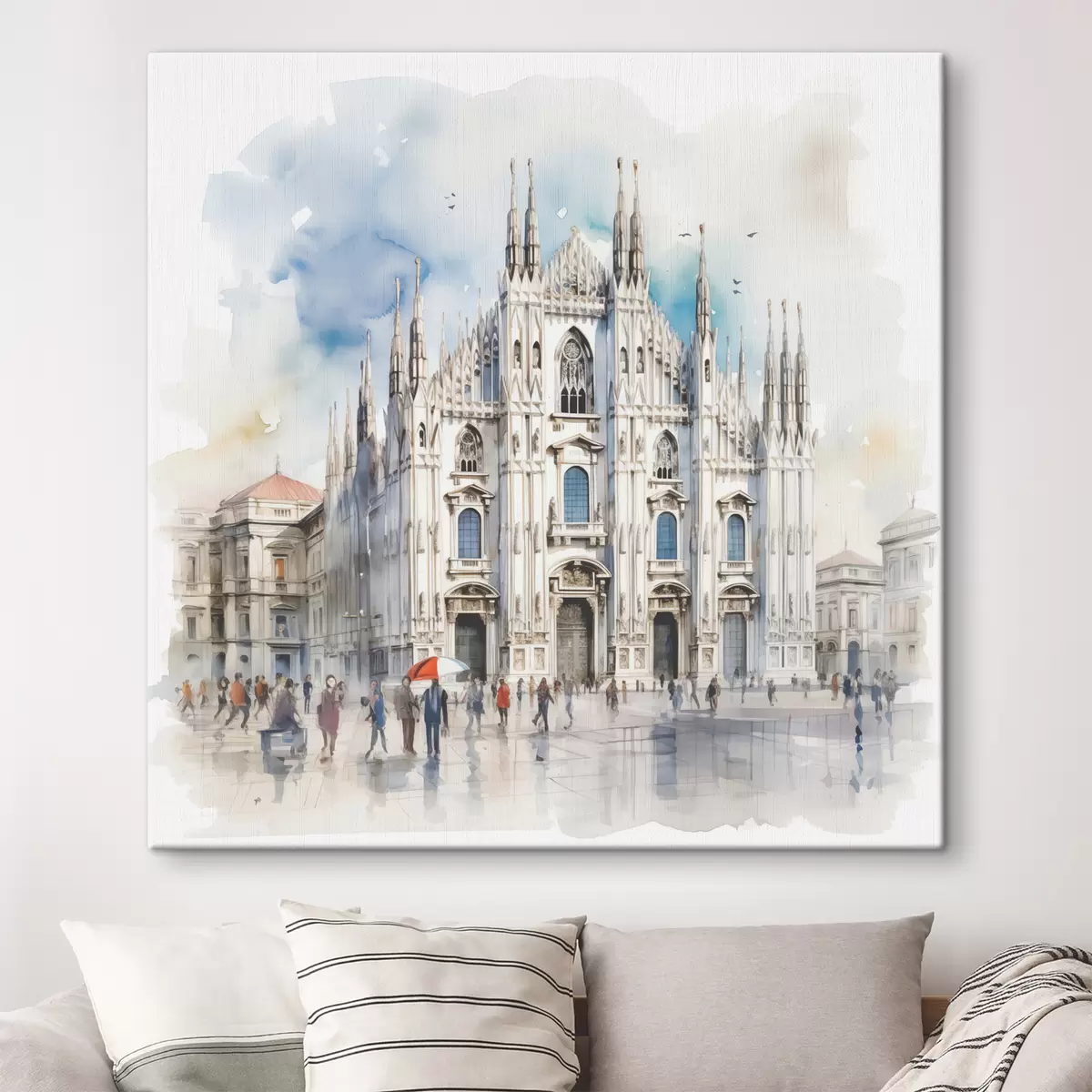 Wandbilder Dom in Mailand, Architektur, Stadt, Regen, Aquarell, blau, grau, Menschen zu Fuß s38938