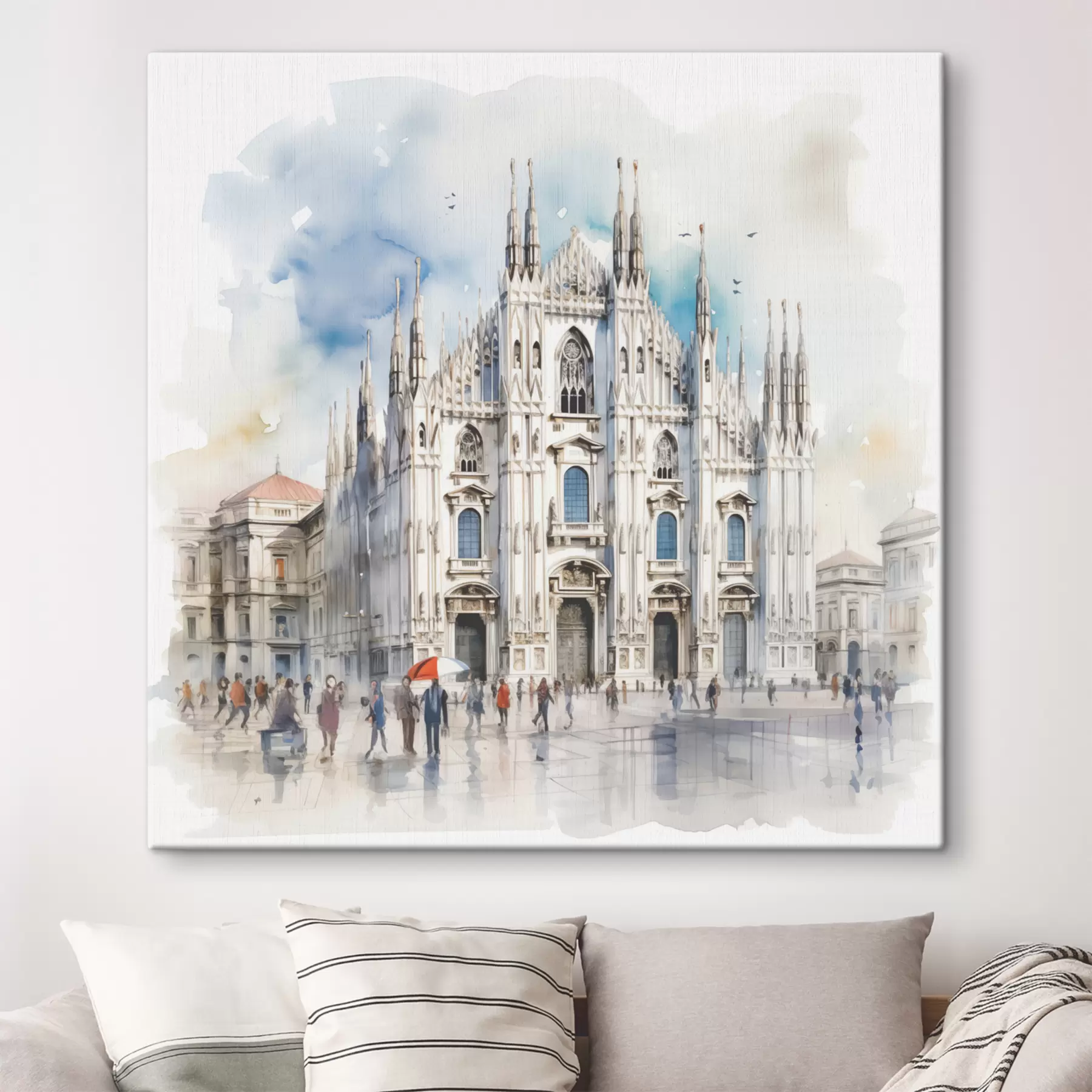 Wandbilder Dom in Mailand, Architektur, Stadt, Regen, Aquarell, blau, grau, Menschen zu Fuß s38938