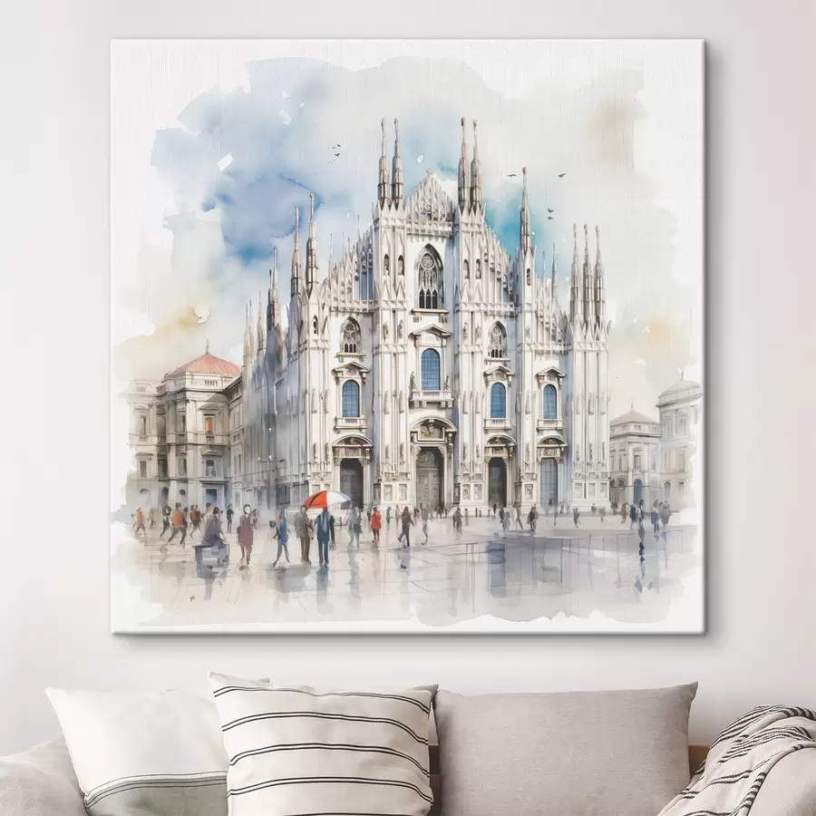 Wandbilder Dom in Mailand, Architektur, Stadt, Regen, Aquarell, blau, grau, Menschen zu Fuß s38938