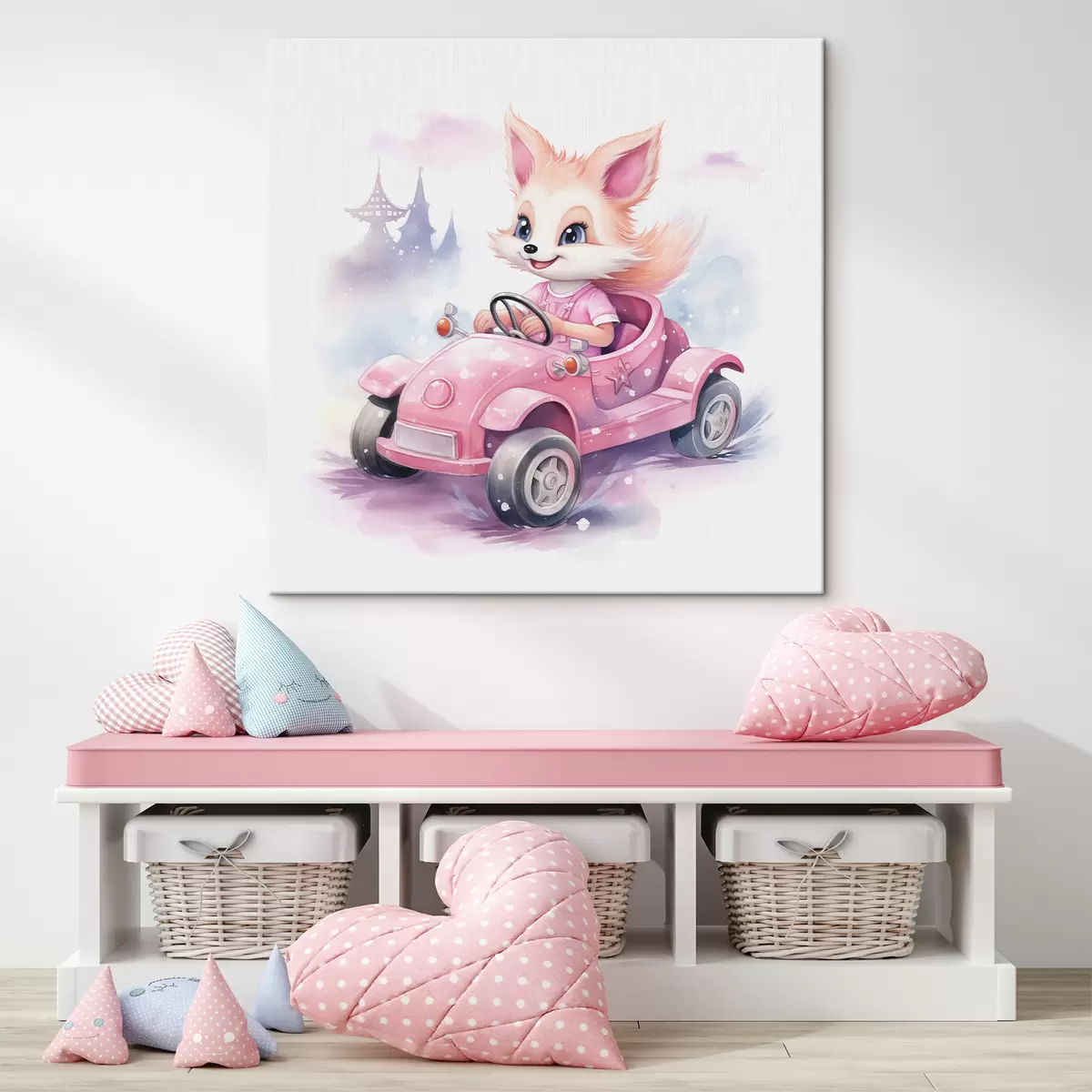 Wandbilder Kleiner Fuchs fährt ein rosa Auto Aquarell-Illustration für Kinder s38943