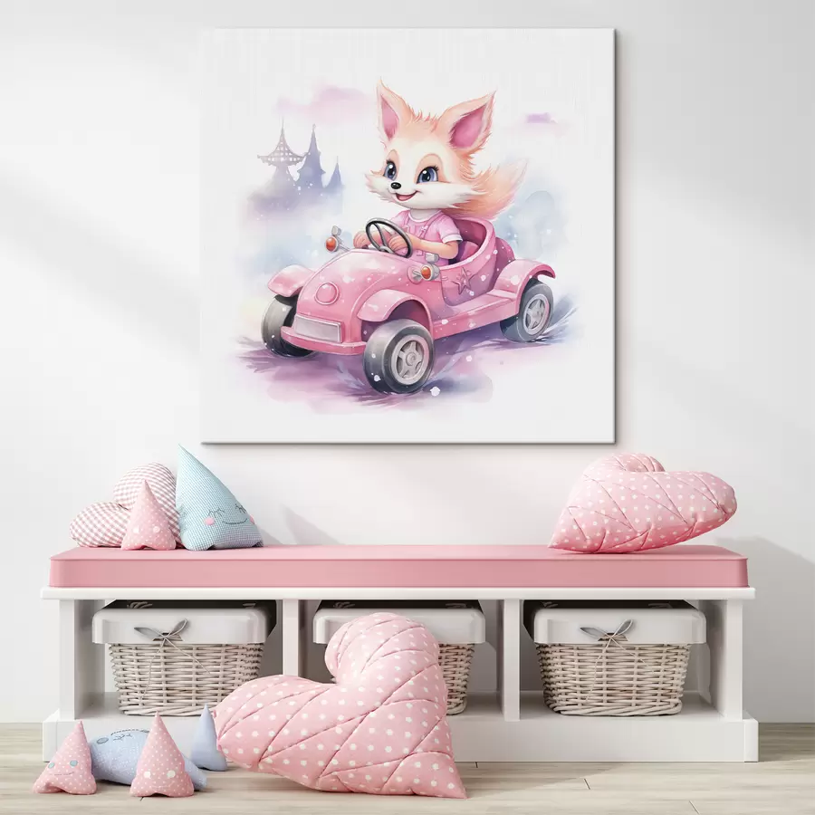 Wandbilder Kleiner Fuchs fährt ein rosa Auto Aquarell-Illustration für Kinder s38943