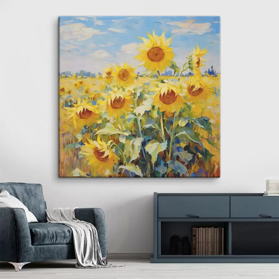 Wandbilder Ölgemälde „Feld der Sonnenblumen“, Farbe Gelb und Blau s38953