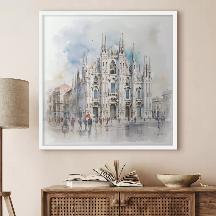 Fototapete Mailand Duomo, Architektur, Stadt, regen, Aquarell, blau, grau, Menschen zu Fuß f38938