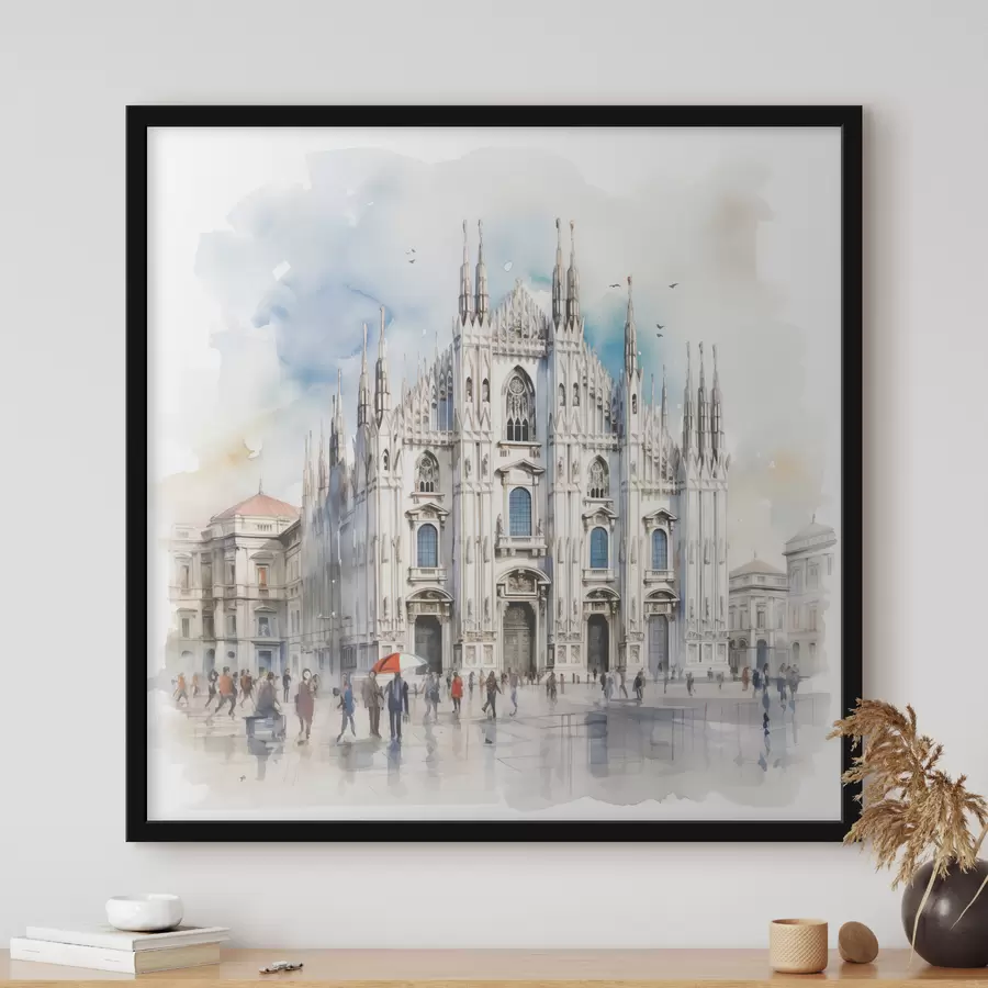 Fototapete Mailand Duomo, Architektur, Stadt, regen, Aquarell, blau, grau, Menschen zu Fuß f38938