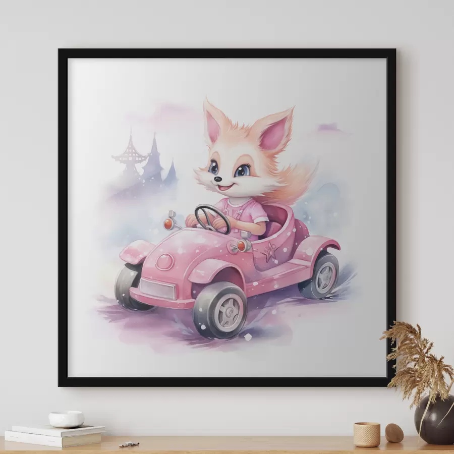 Fototapete Der kleine Fuchs fährt ein rosa Auto. Aquarell-Illustration für Kinder f38943