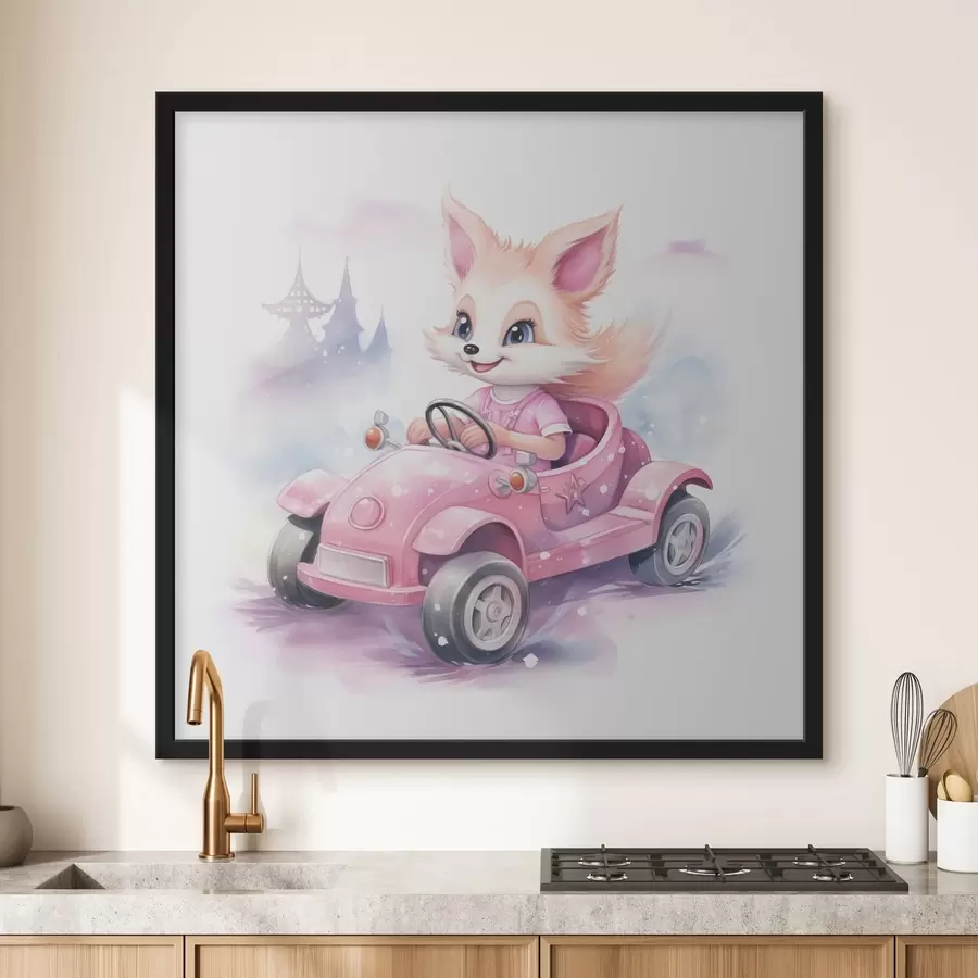 Fototapete Der kleine Fuchs fährt ein rosa Auto. Aquarell-Illustration für Kinder f38943