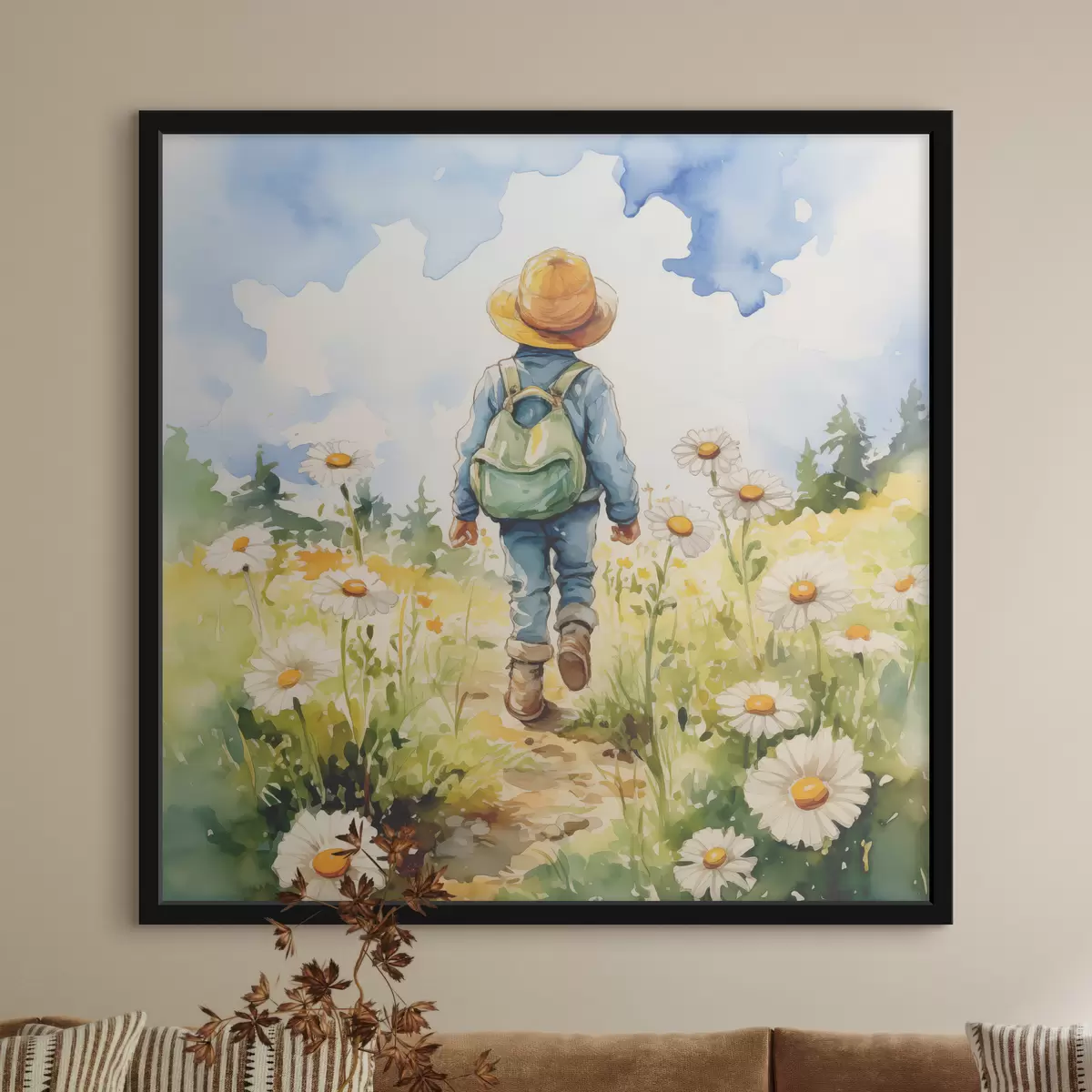 Poster Ein Junge mit Cowboyhut, grünem Rucksack auf dem Rücken und blauem Anzug geht einen Weg durch ein Kamillenfeld entlang, Aquarell f38946