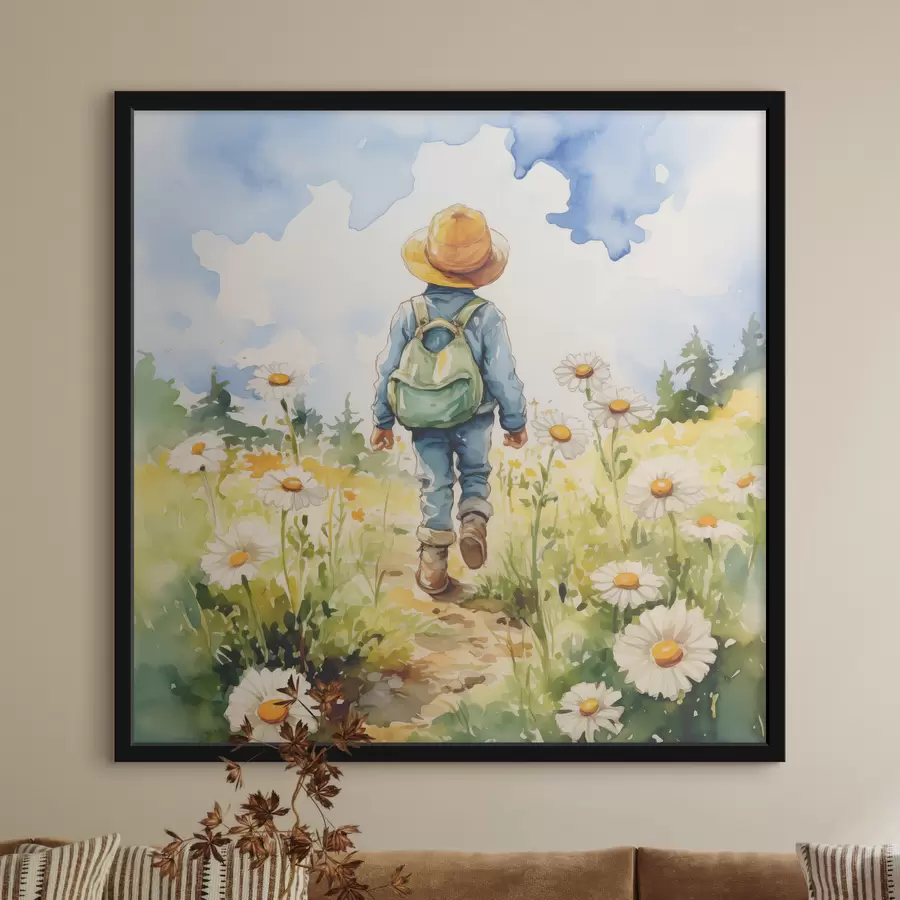 Fototapete Ein Junge mit Cowboyhut, grünem Rucksack auf dem Rücken und blauem Anzug geht einen Weg durch ein Kamillenfeld entlang, Aquarell f38946