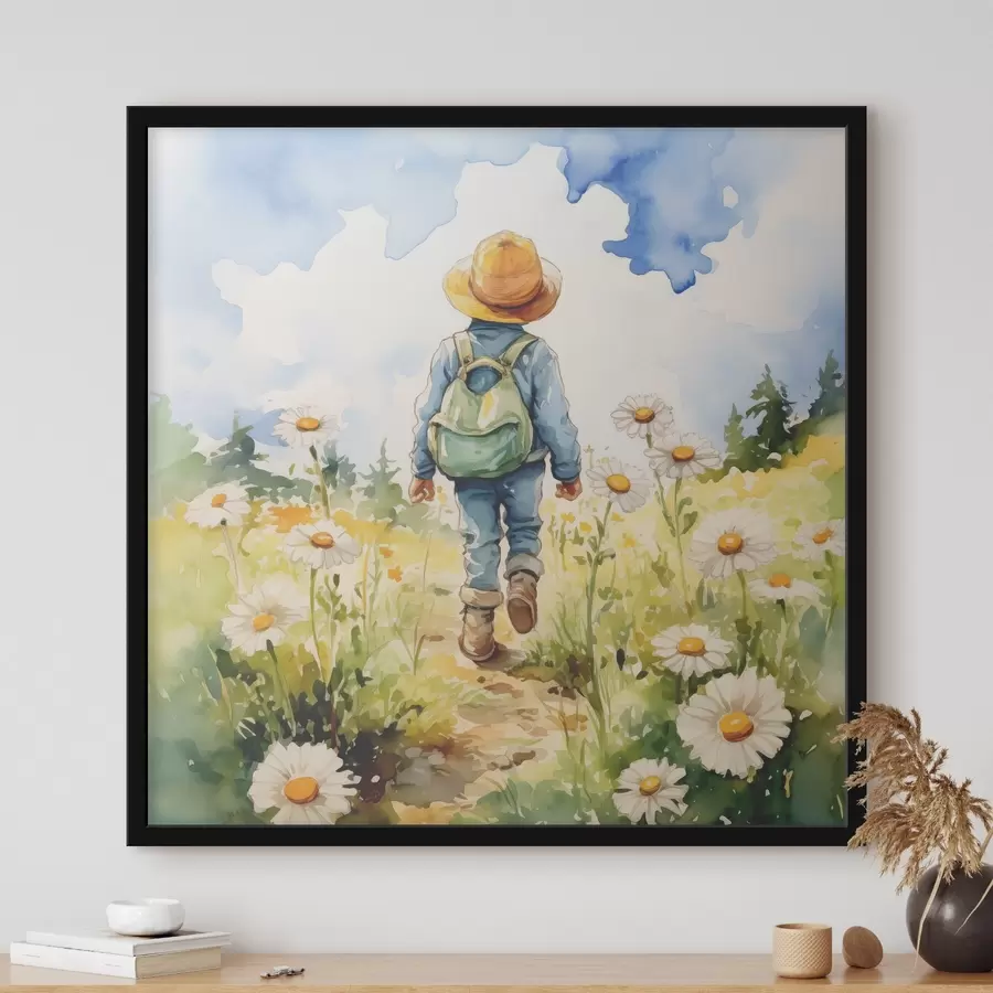 Fototapete Ein Junge mit Cowboyhut, grünem Rucksack auf dem Rücken und blauem Anzug geht einen Weg durch ein Kamillenfeld entlang, Aquarell f38946