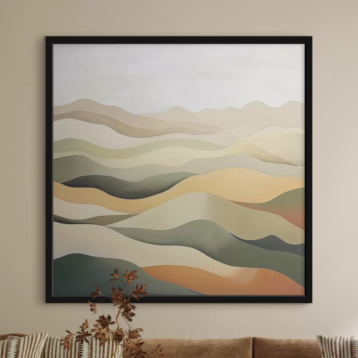 Poster Hügel, abstrakte Landschaft, Gouache, grün, ocker, sepia, grau f38952